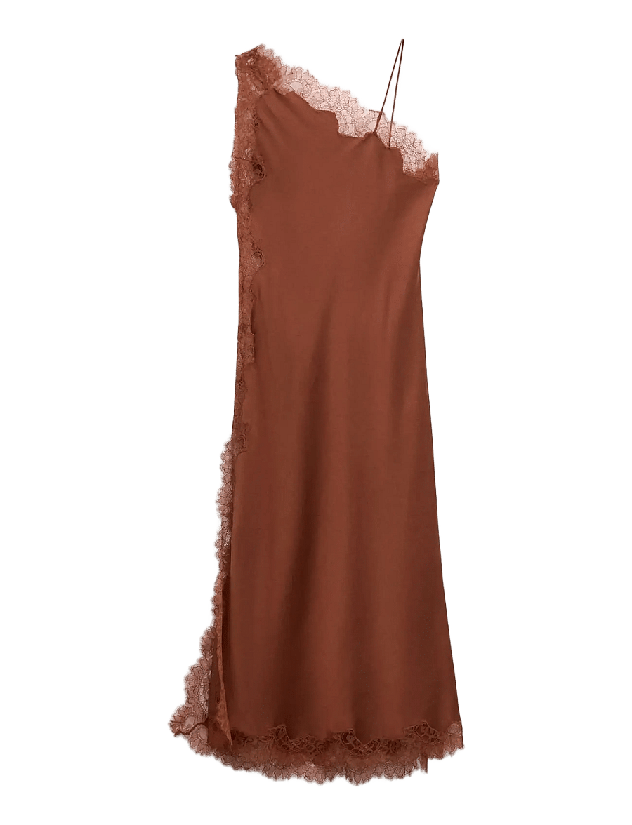 Mango - Asymmetric satin lace dress - festkjoler - medium orange - 1