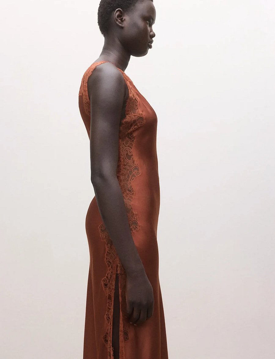 Mango - Asymmetric satin lace dress - festkjoler - medium orange - 0