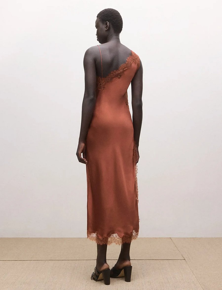 Mango - Asymmetric satin lace dress - festkjoler - medium orange - 2