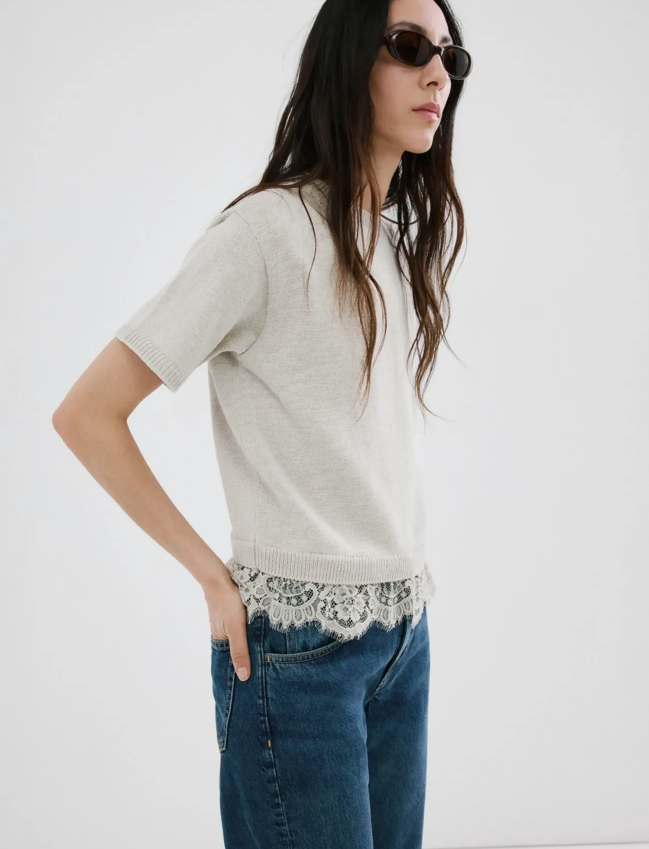 Mango Ribbed lace-trimmed jumper - Mango - LT PASTEL GREY / grey