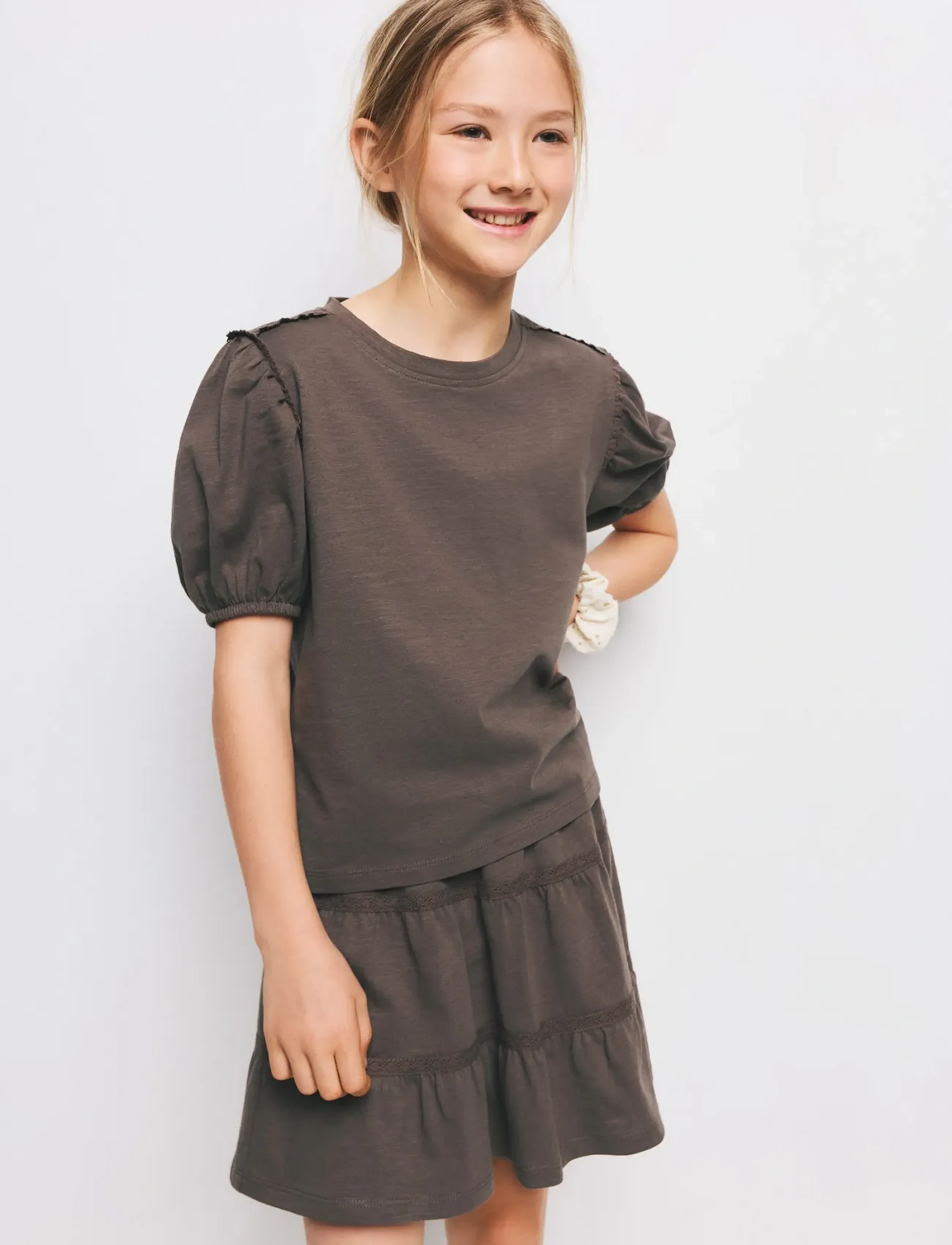 Mango Puff-Sleeve Short-Sleeve T-Shirt, 9-10, Brown, T-Shirts > Kortærmede, Børn