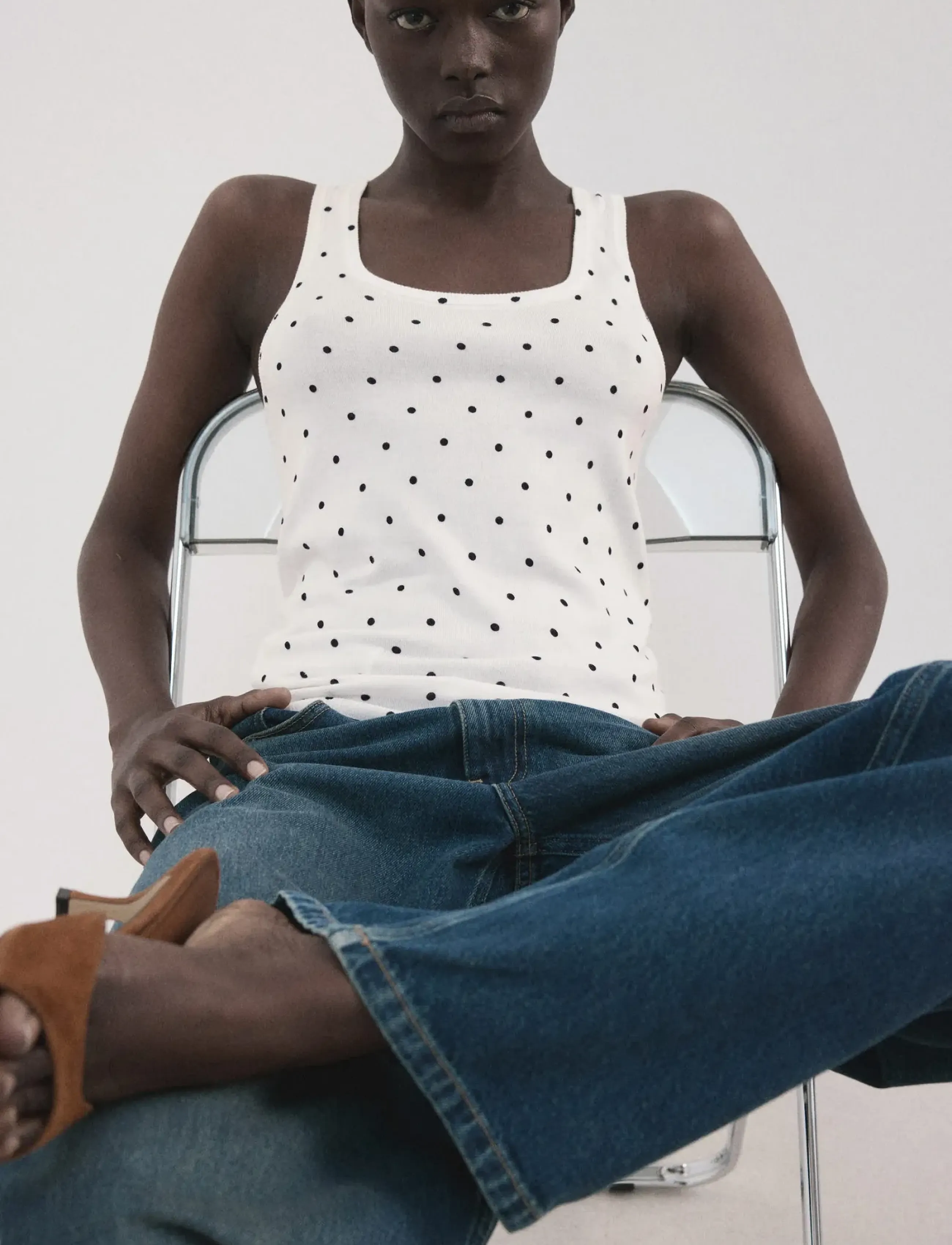 Mango Polka-Dot Knitted Top, Kvinder, Prikket Strikket Top, Cream, Str: L