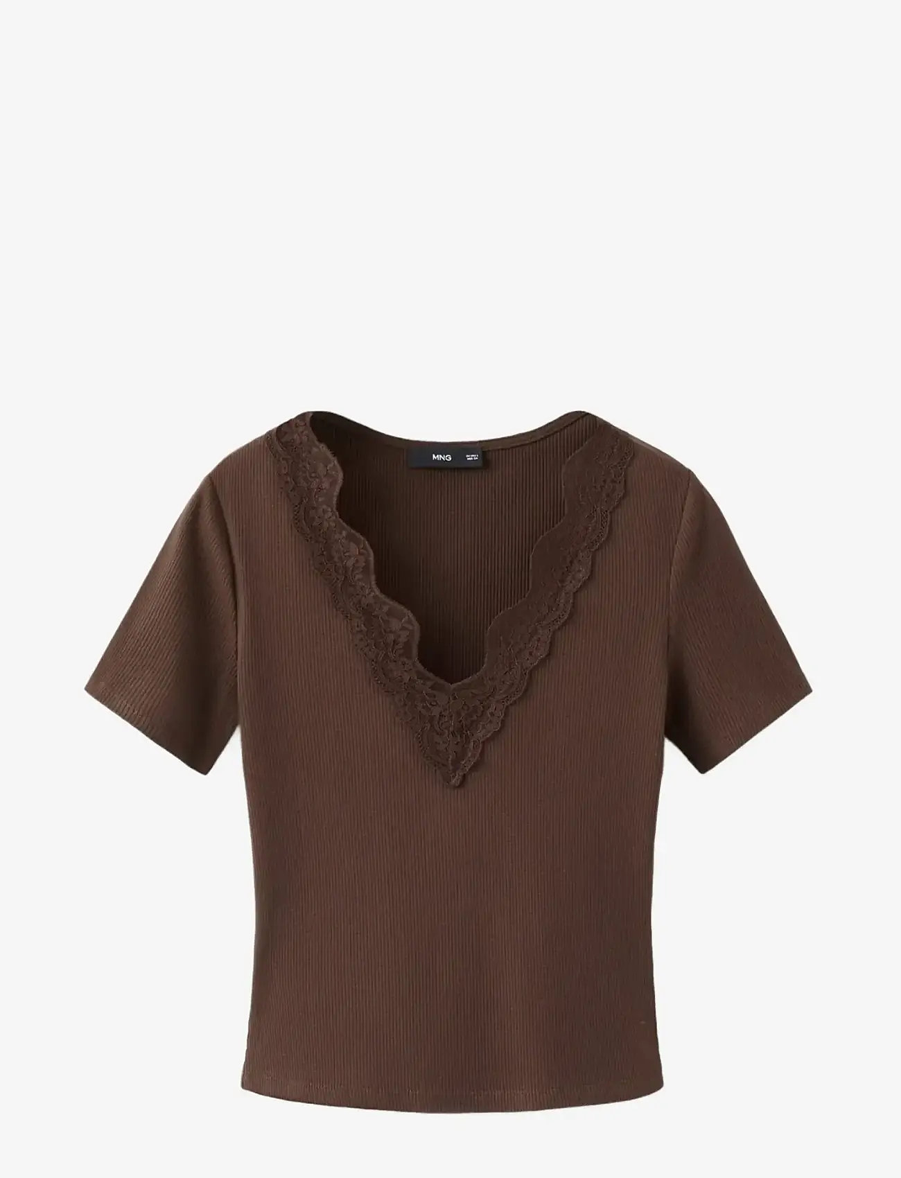 Mango - Lace trim top - t-shirts - brown - 1