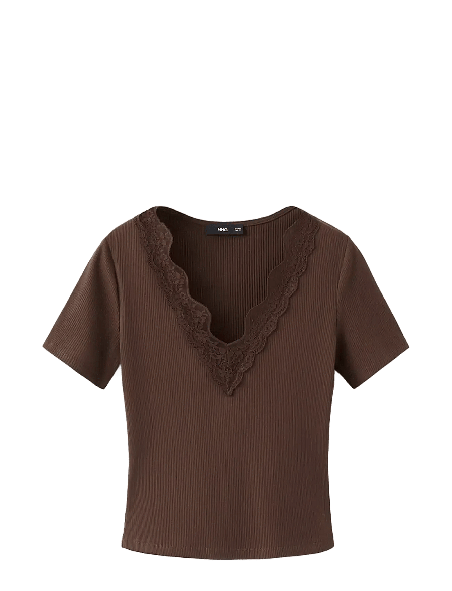 Mango - Lace trim top - t-shirts - brown - 1