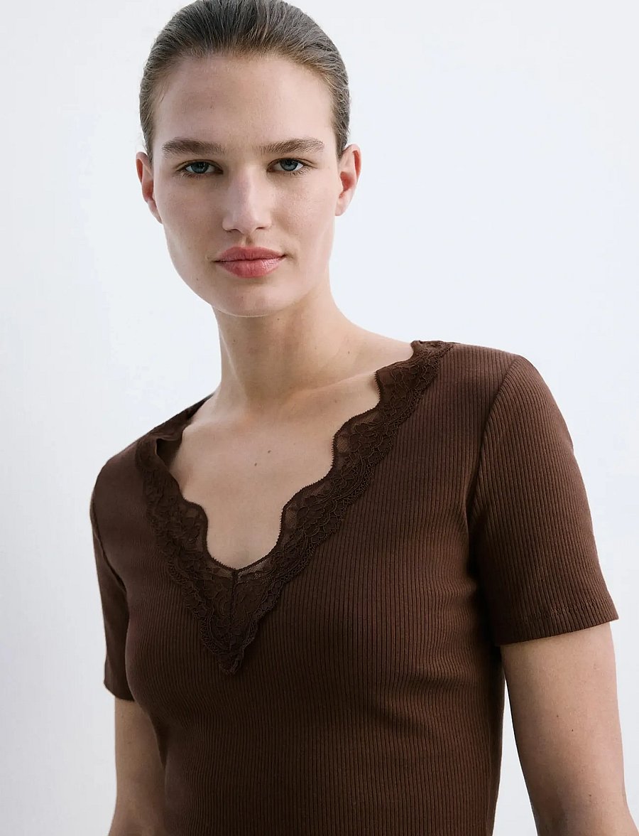 Mango - Lace trim top - t-shirts - brown - 0