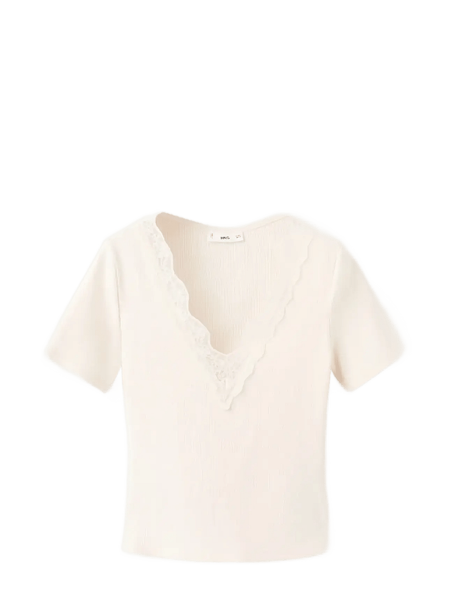 Mango - Lace trim top - t-shirts - light beige - 1