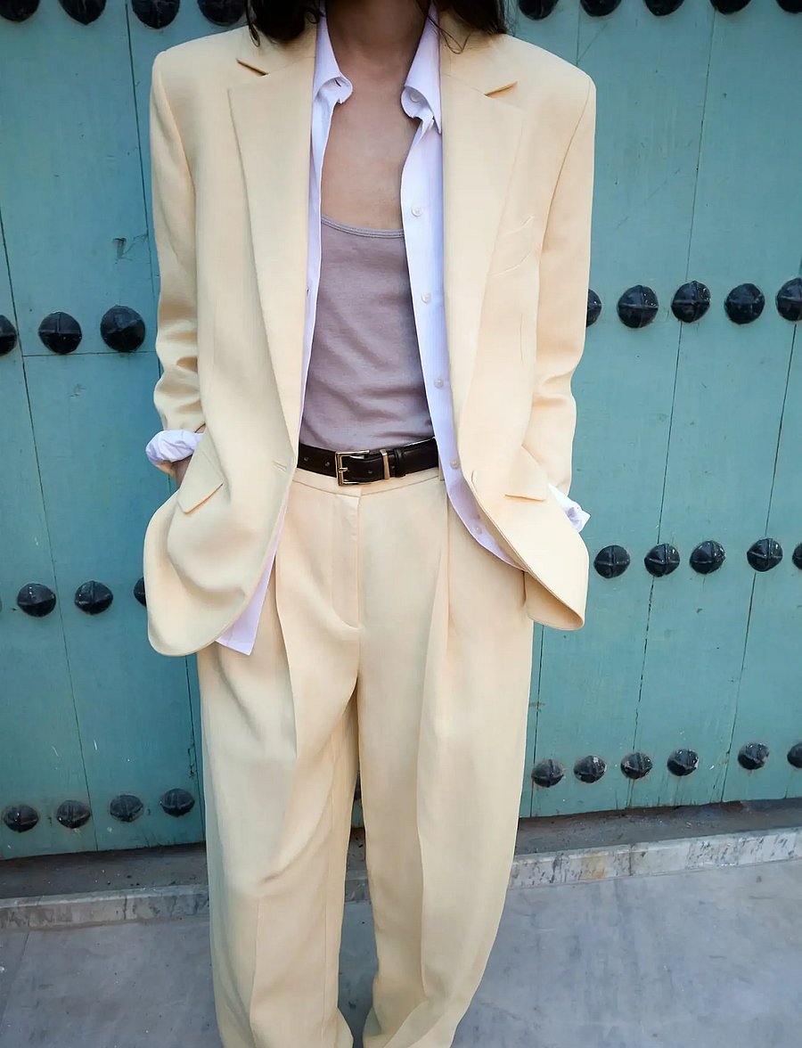 Mango - Straight linen-blend trousers - linnebyxor - yellow - 0