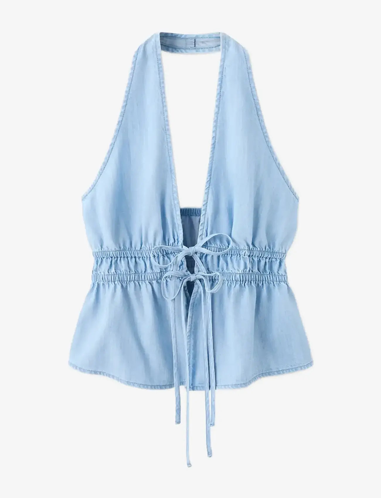 Mango - V-neck denim top with bow - tanktops - open blue - 1