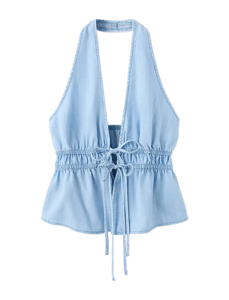 Mango - V-neck denim top with bow - tanktops - open blue - 1