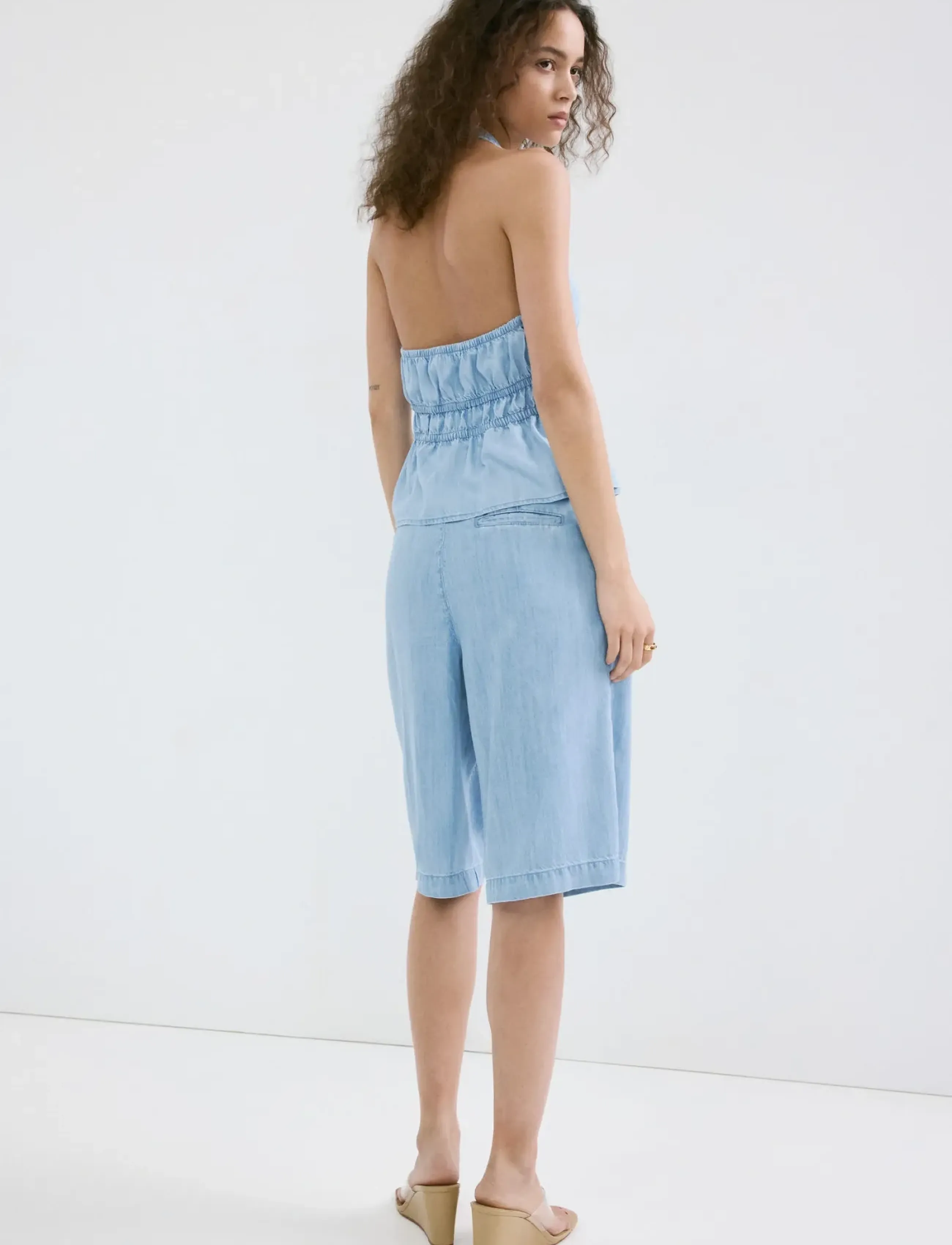 Mango - V-neck denim top with bow - ermeløse topper - open blue - 2