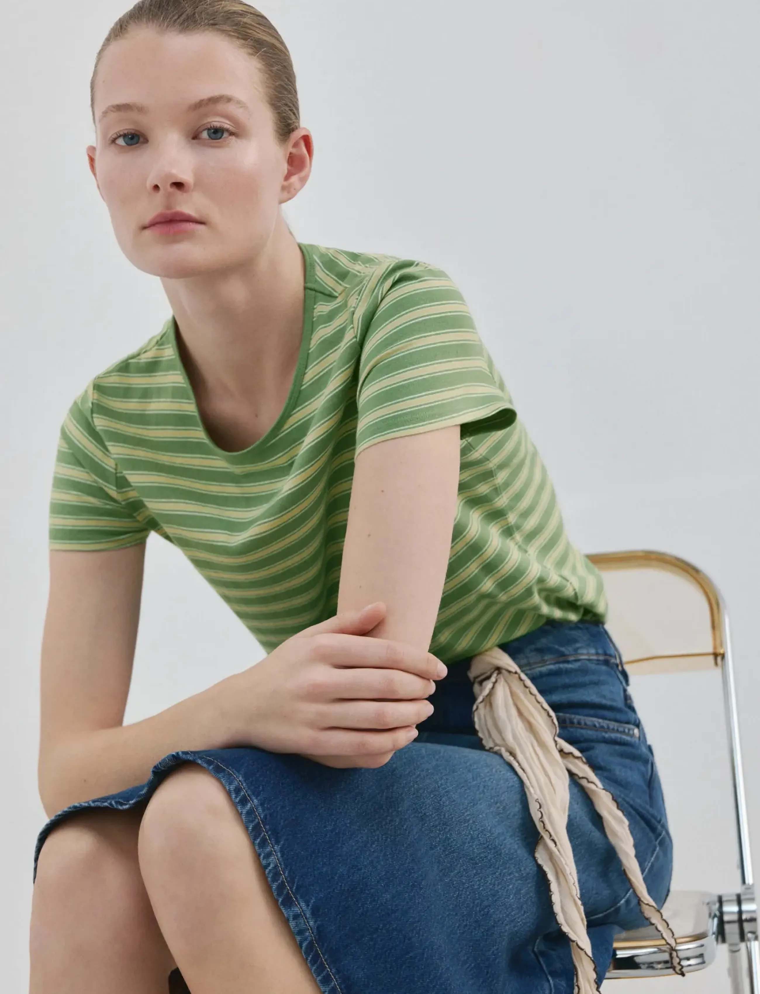 Mango Striped Cotton T-Shirt, S, T-shirts & Oberteile, Grün - Short-sleeved, Frauen