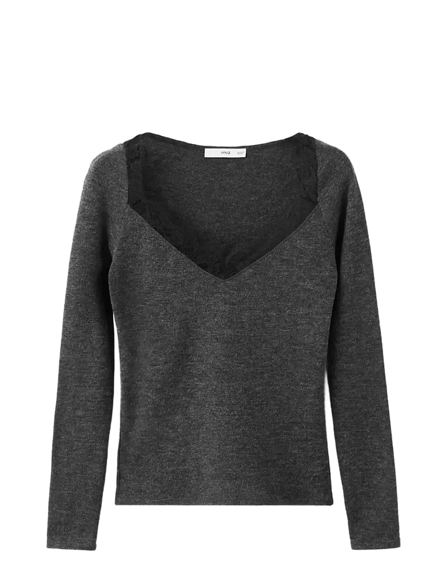 Mango - Lace-trimmed scoop-neck top - striktrøjer - medium grey - 1
