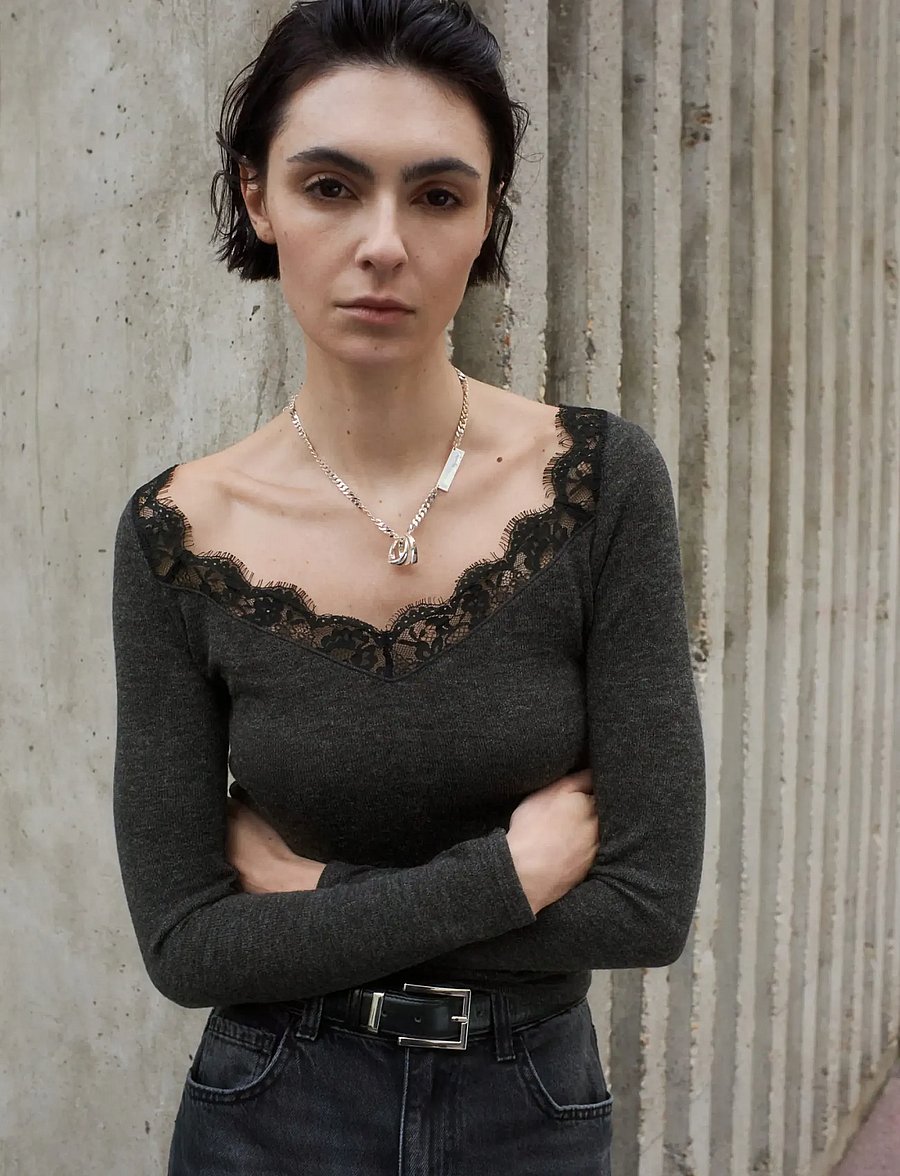 Mango - Lace-trimmed scoop-neck top - striktrøjer - medium grey - 0