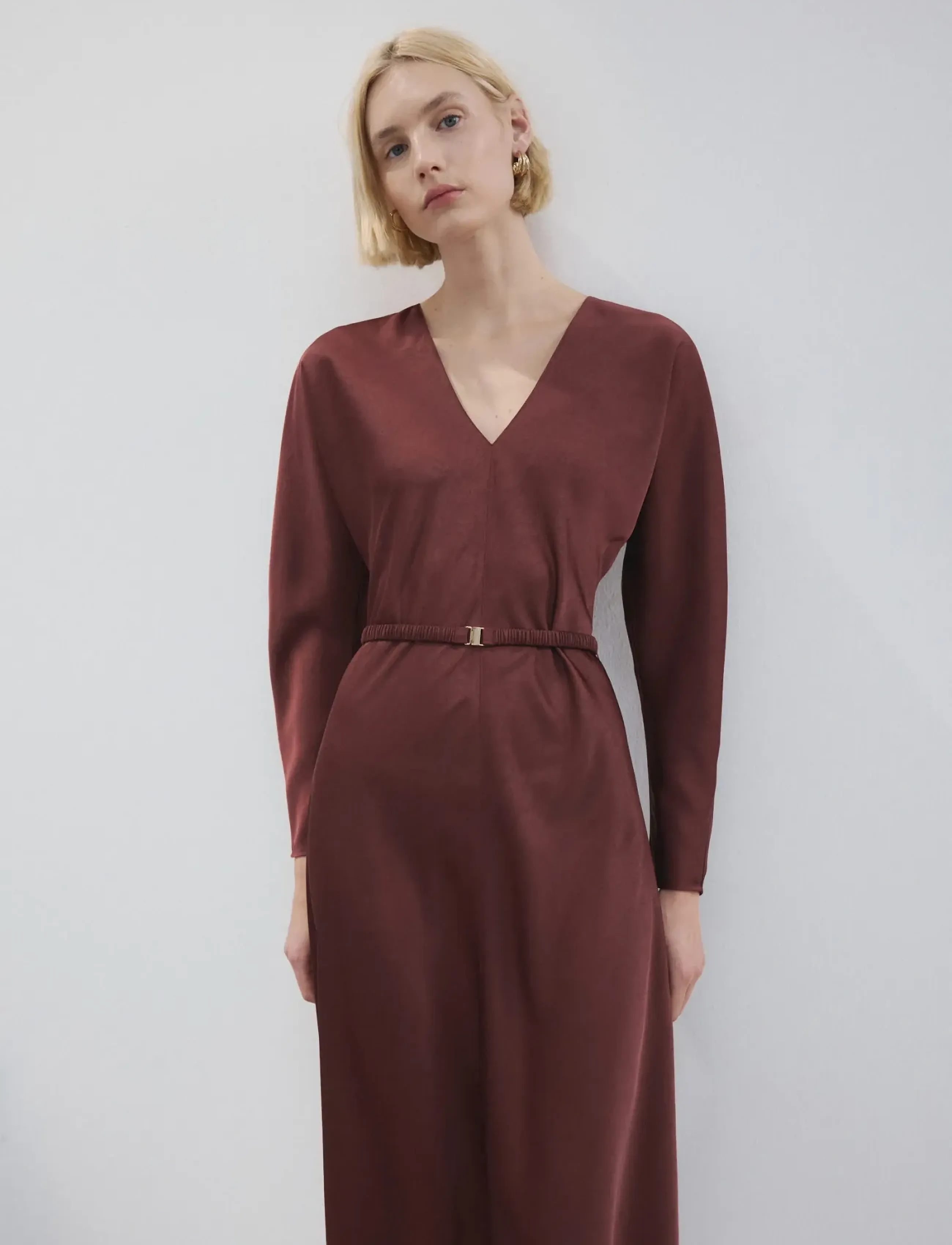Mango Belted V-Neck Dress, M, Dresses, Burgunderrot - Party Frauen