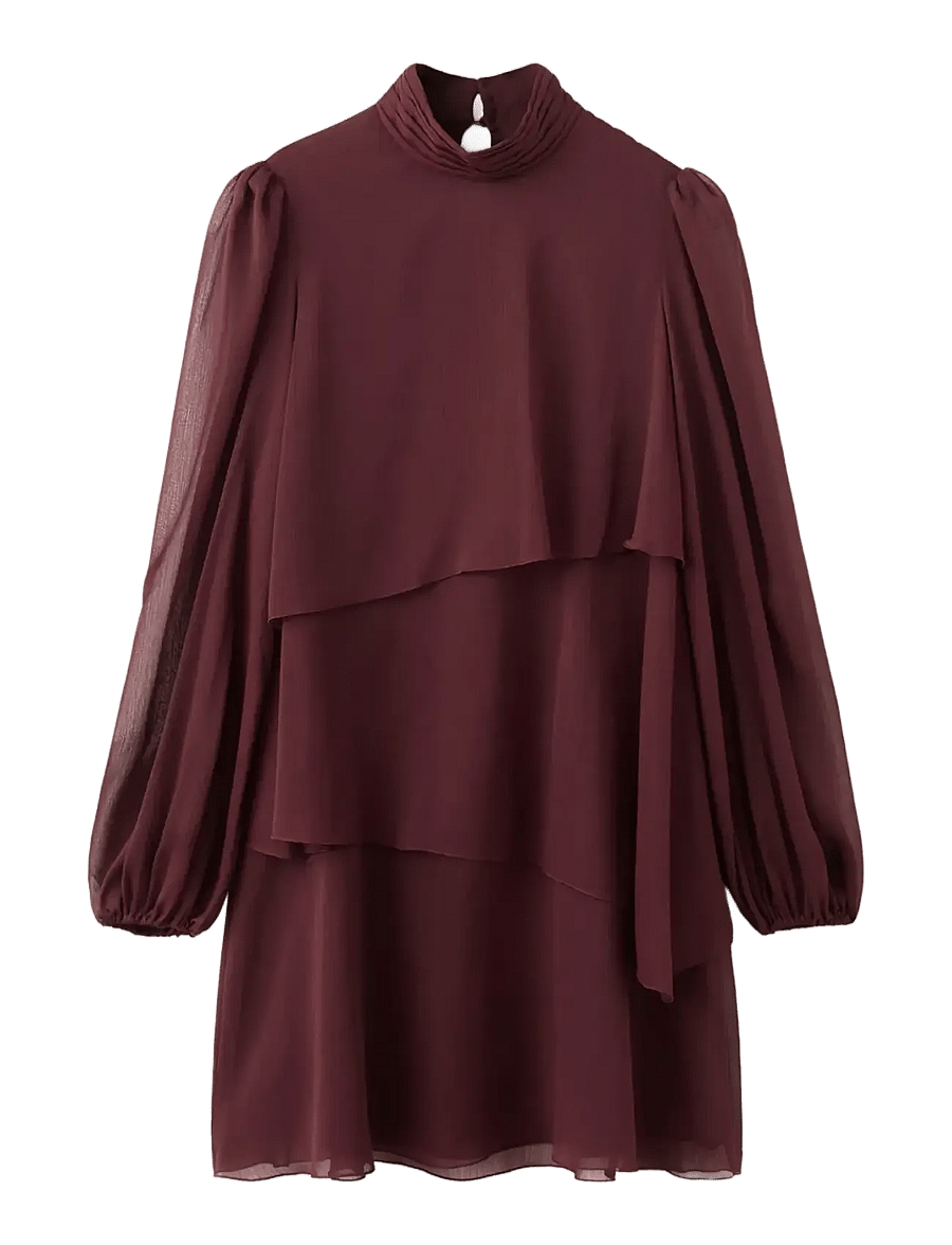 Mango - Ruffle dress with draped neckline - korta klänningar - dark red - 1