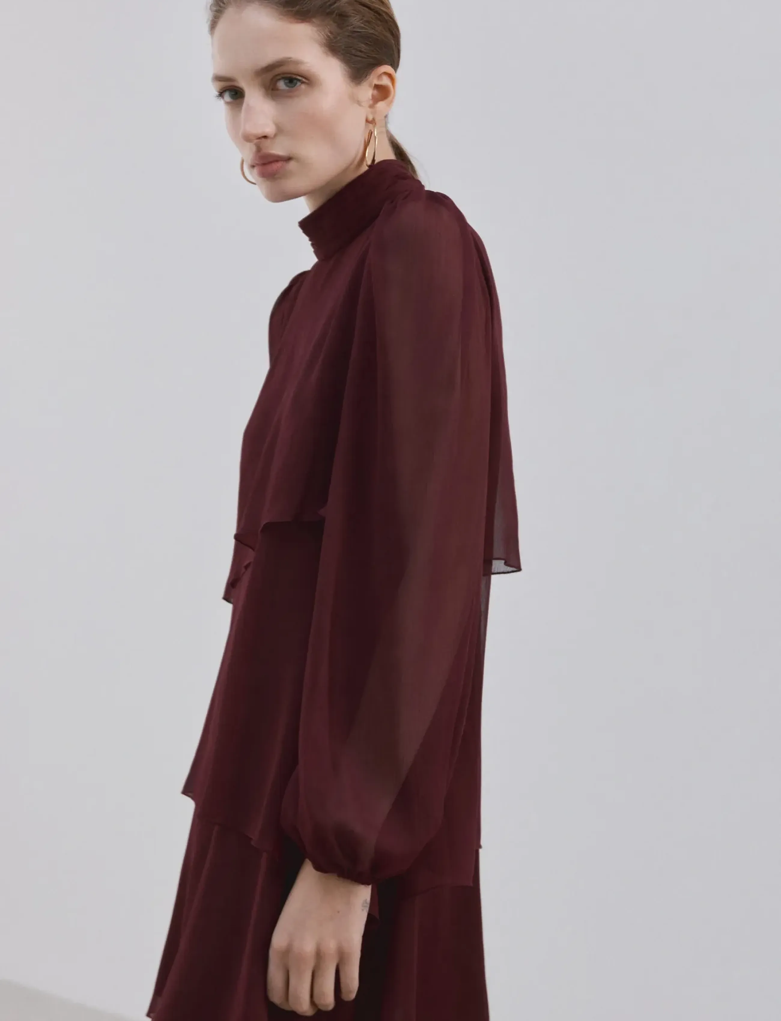 Mango Ruffle Dress With Draped Neckline, XS, Dresses, Burgunderrot - Short Dress, Frauen