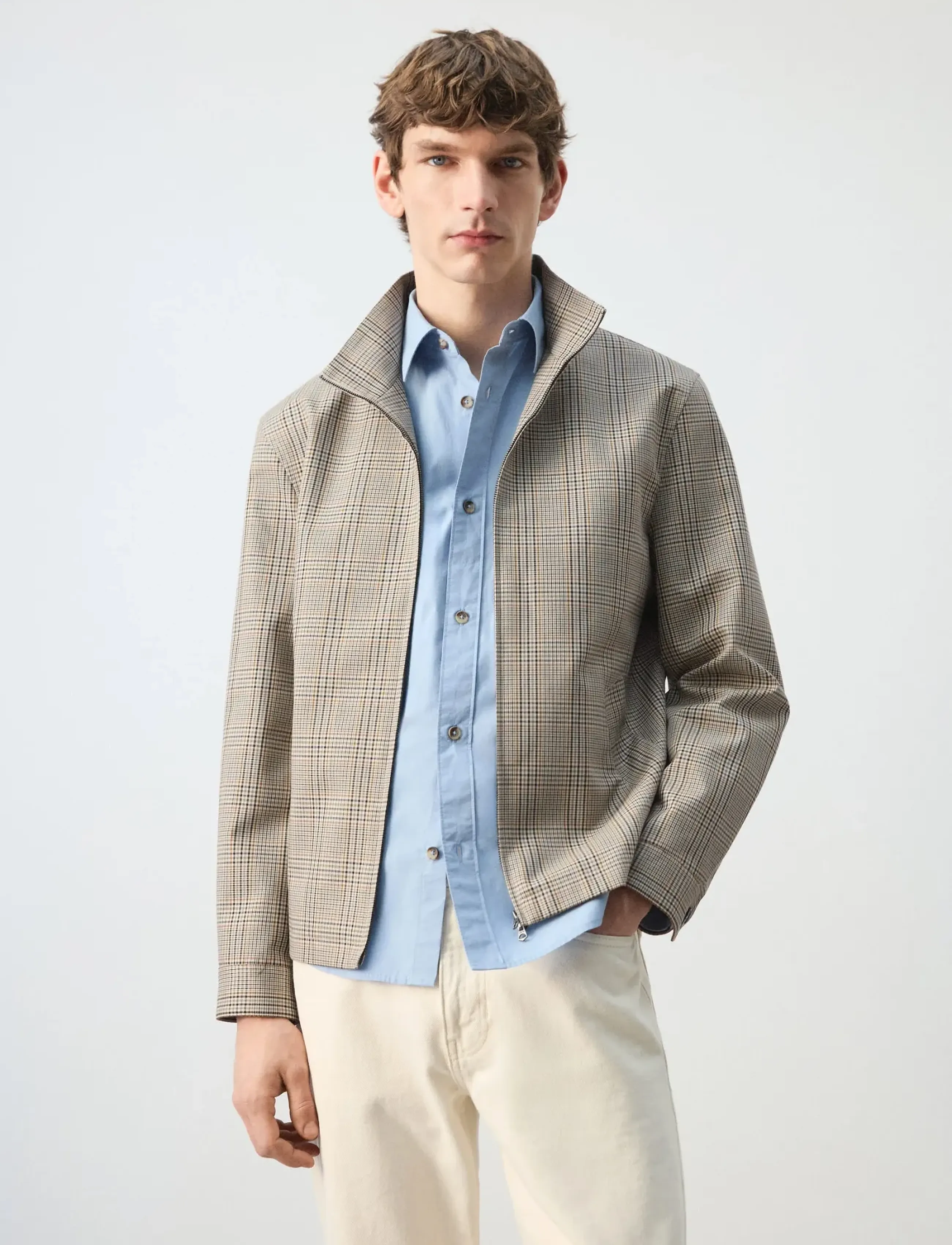 Mango Prince Of Wales Check Jacket With Funnel Neck, M, Beige, Jakker > Lette Jakker, Herre