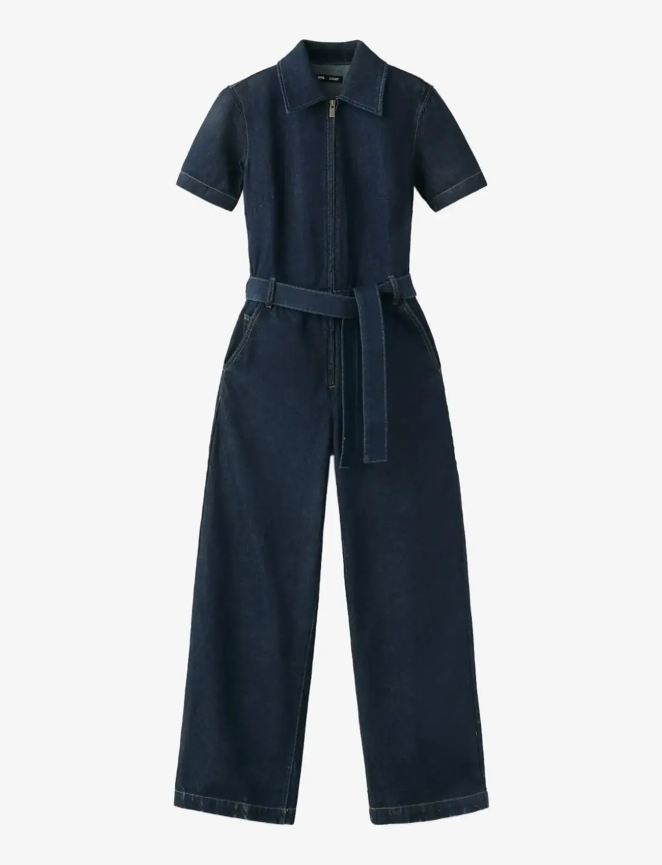 Mango - Belt denim jumpsuit - buksedragter - open blue - 1