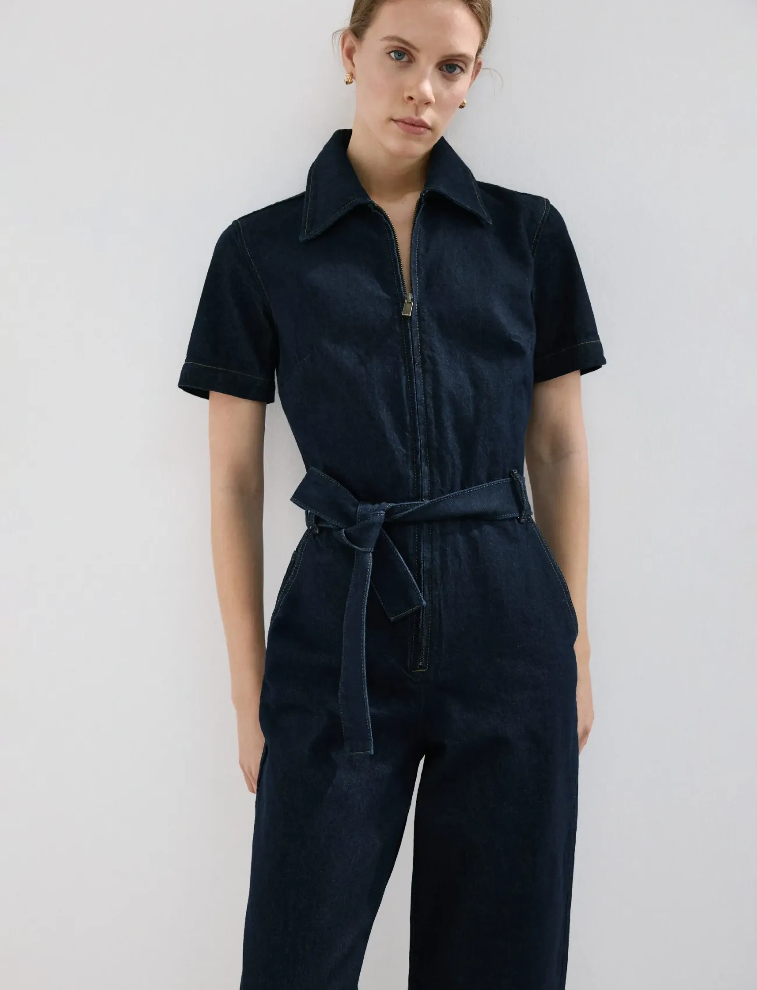 Mango Belt Denim Jumpsuit, XS, Unterteile, Marineblau - Strampelanzüge, Frauen