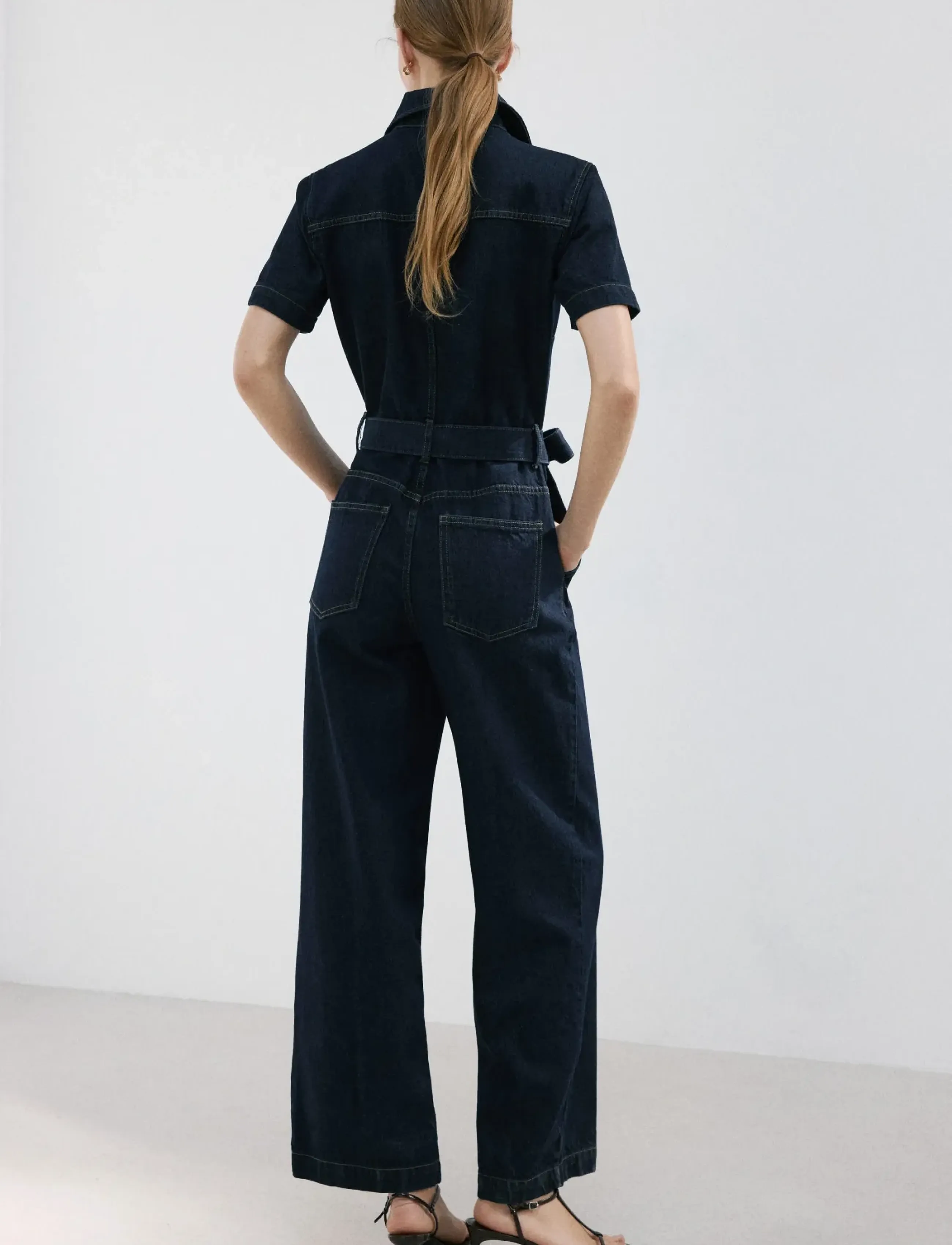 Mango - Belt denim jumpsuit - jumpsuits - open blue - 2