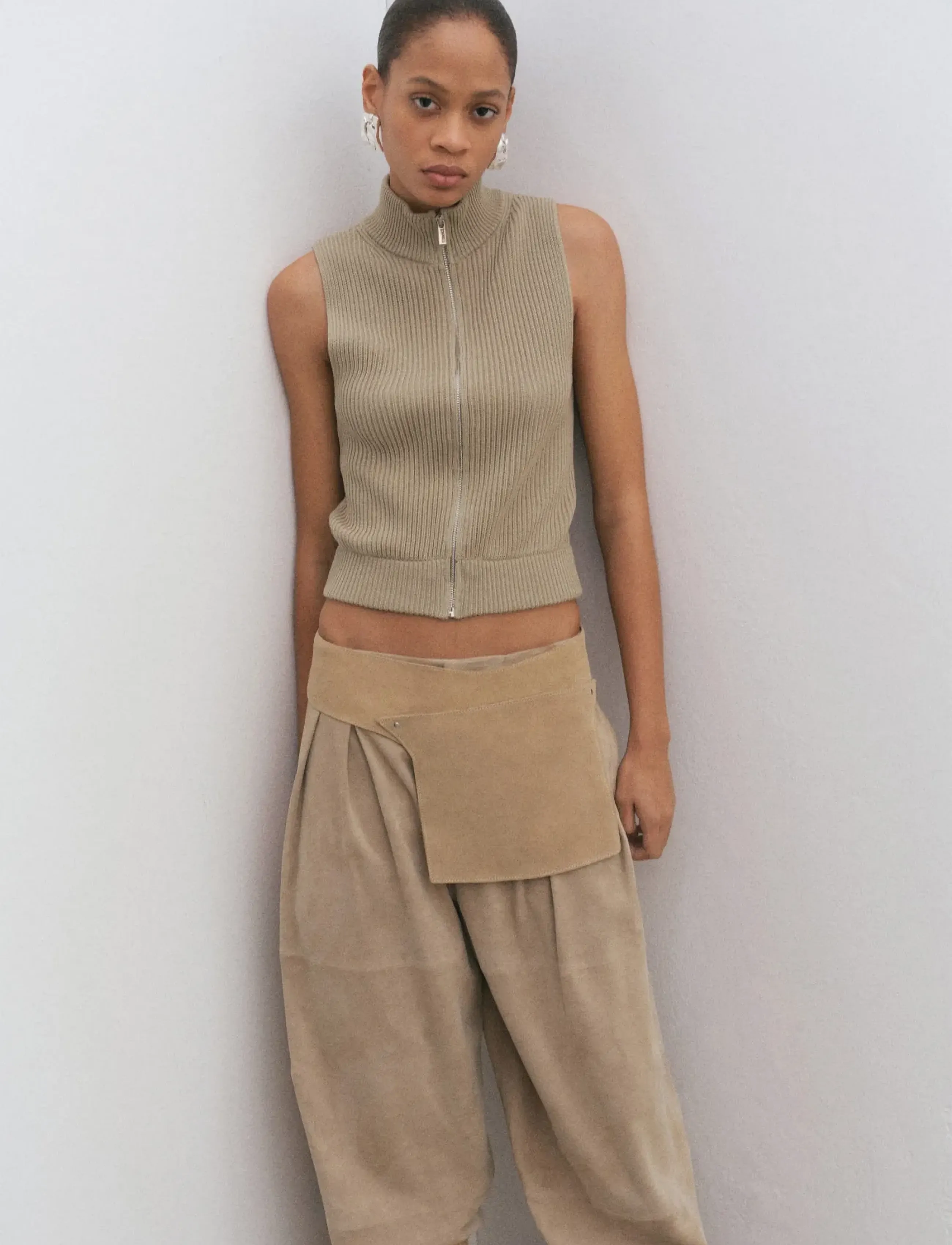 Mango Ribbed Knitted Top With Zip, M, Westen, Khakigrün - Frauen