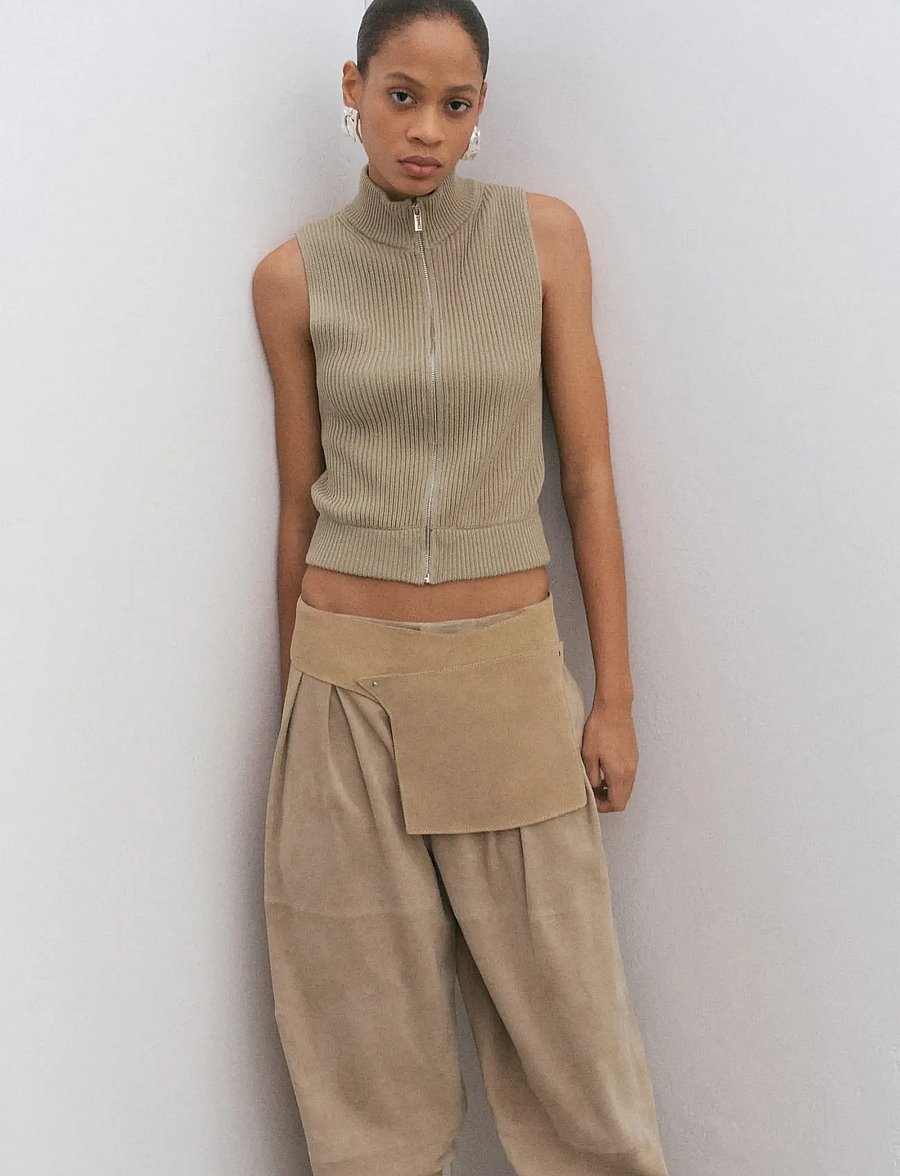Mango - Ribbed knitted top with zip - strikveste - beige - khaki - 0