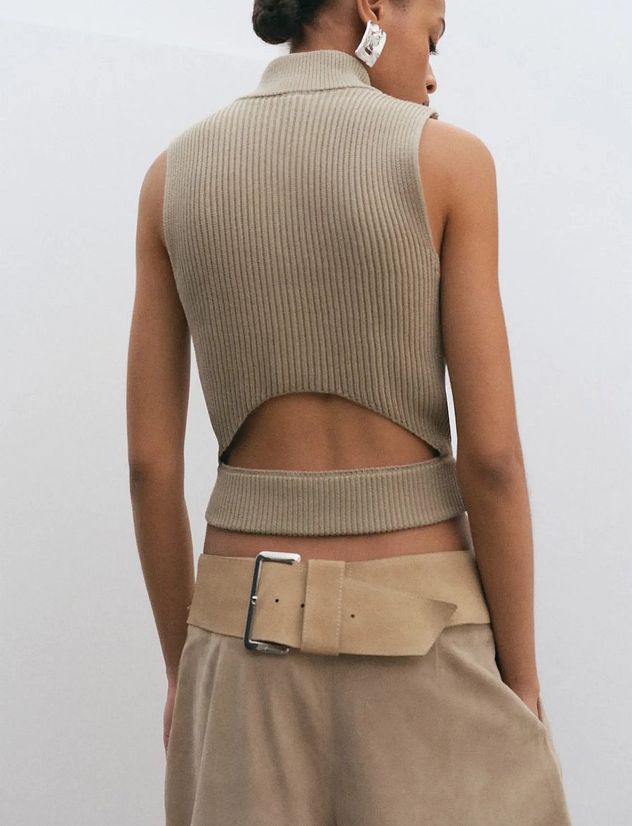 Mango - Ribbed knitted top with zip - strikveste - beige - khaki - 2