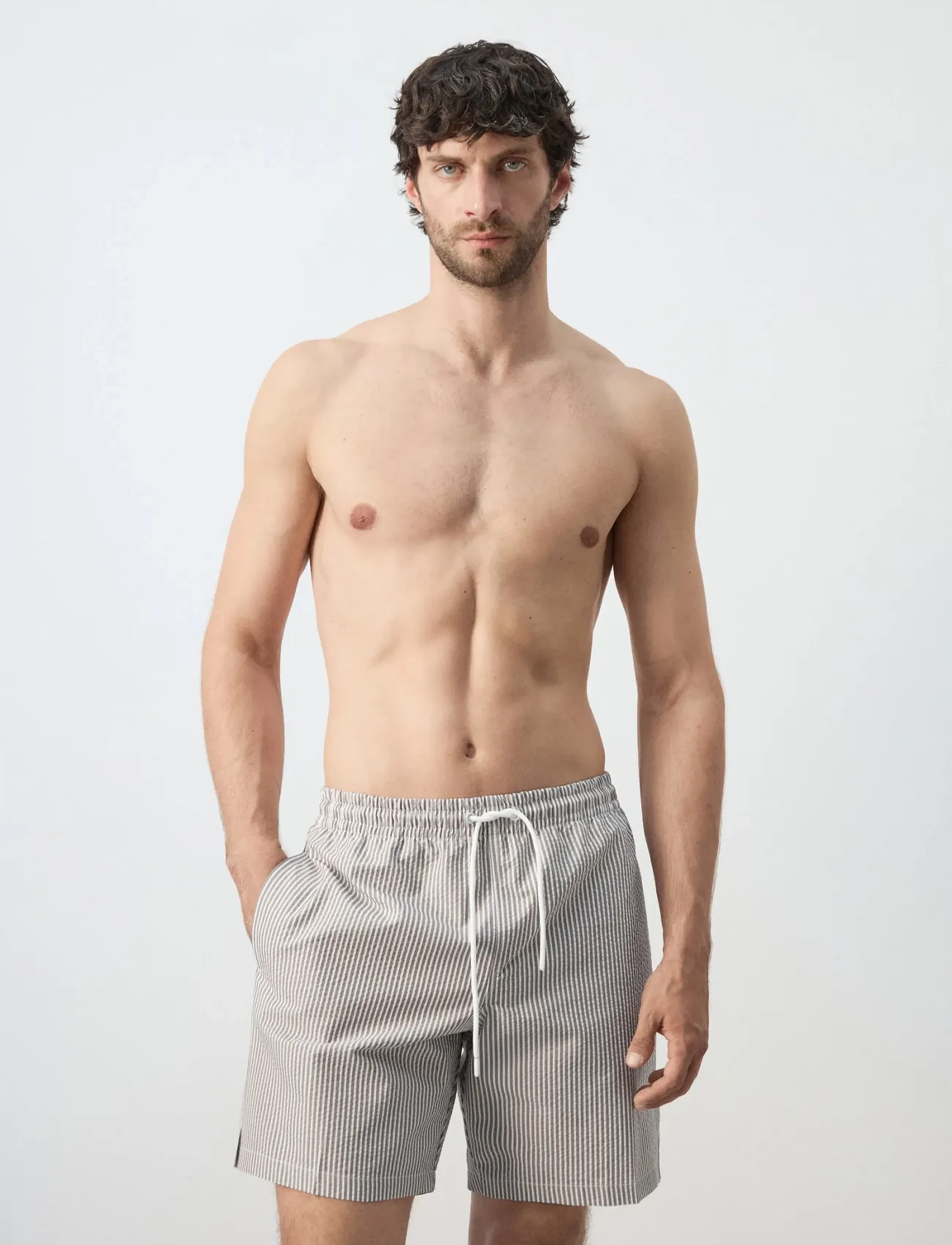 Mango Seersucker striped swimsuit - Badshorts - BEIGE - KHAKI / beige