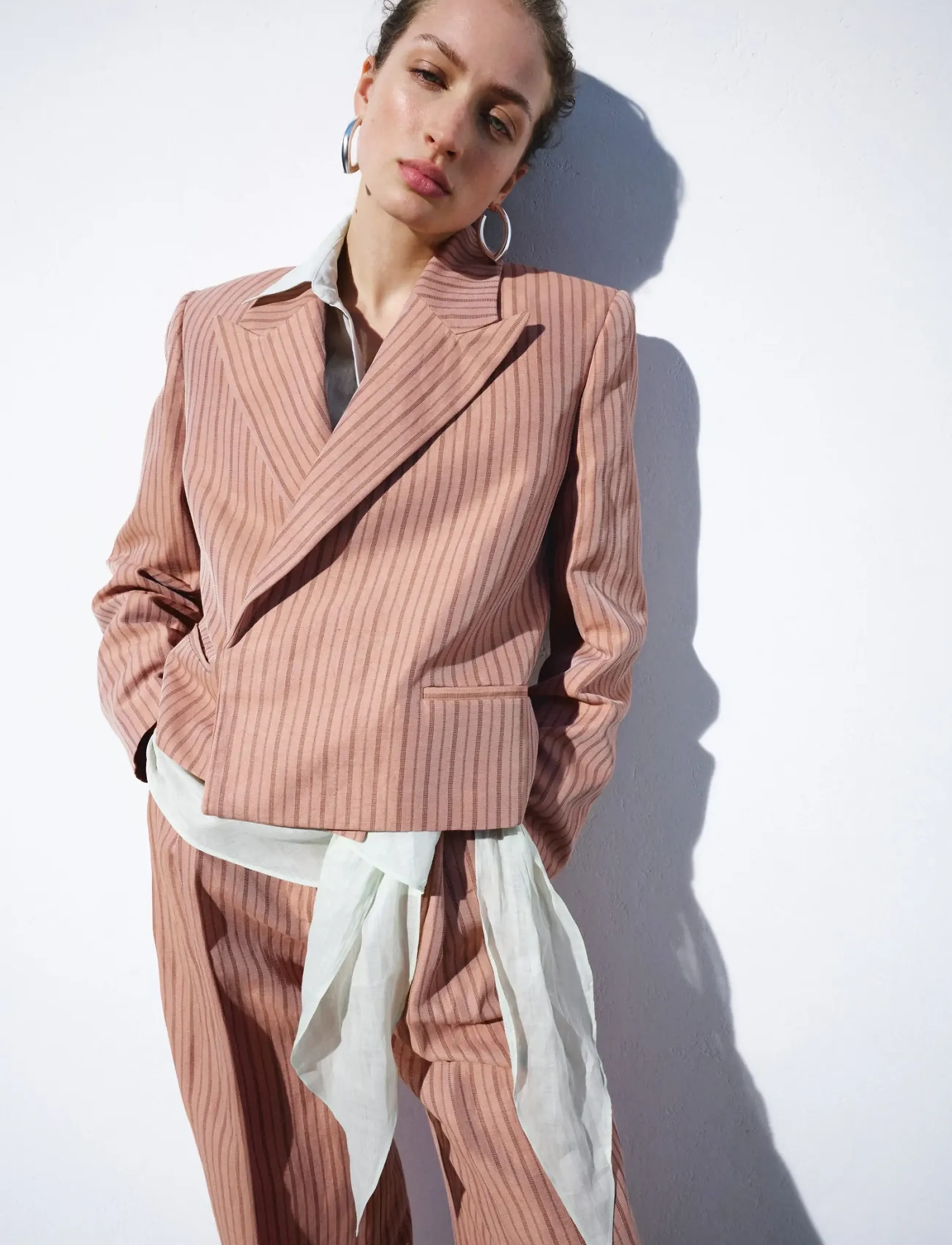 Mango Linen Cropped Striped Blazer, XS, Pink, Blazere > Cropped Blazere, Dame