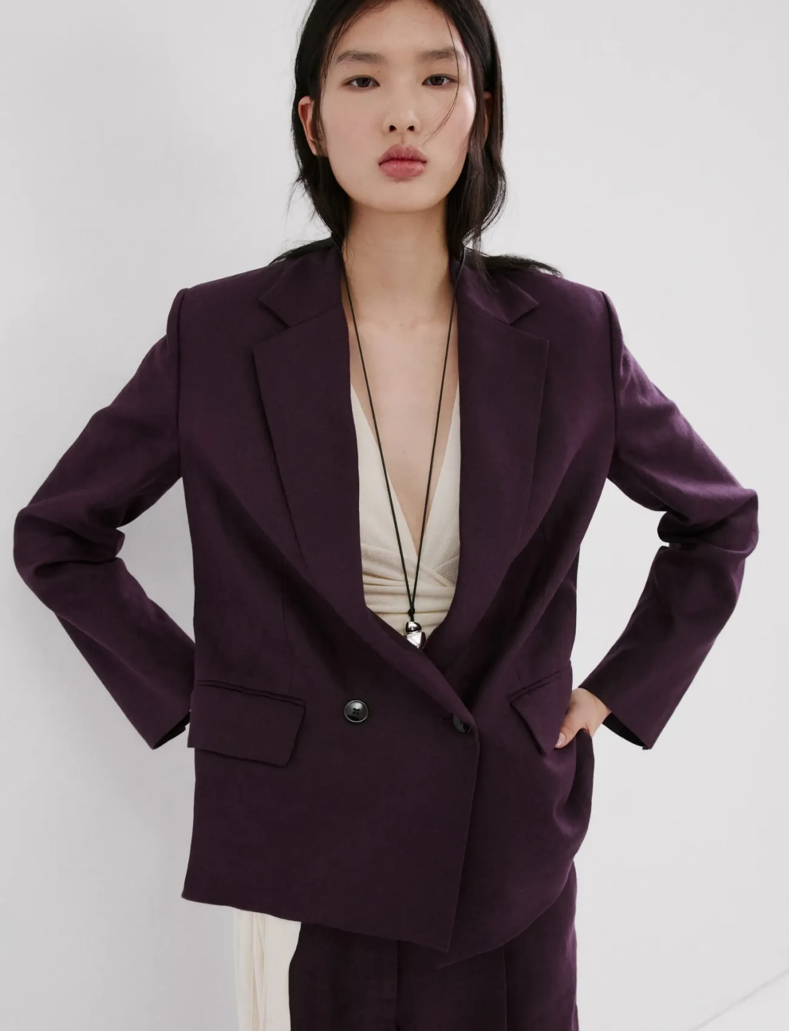 Mango Linen Suit Jacket, XS, Burgundy, Blazere > Dobbeltradede Blazere, Dame