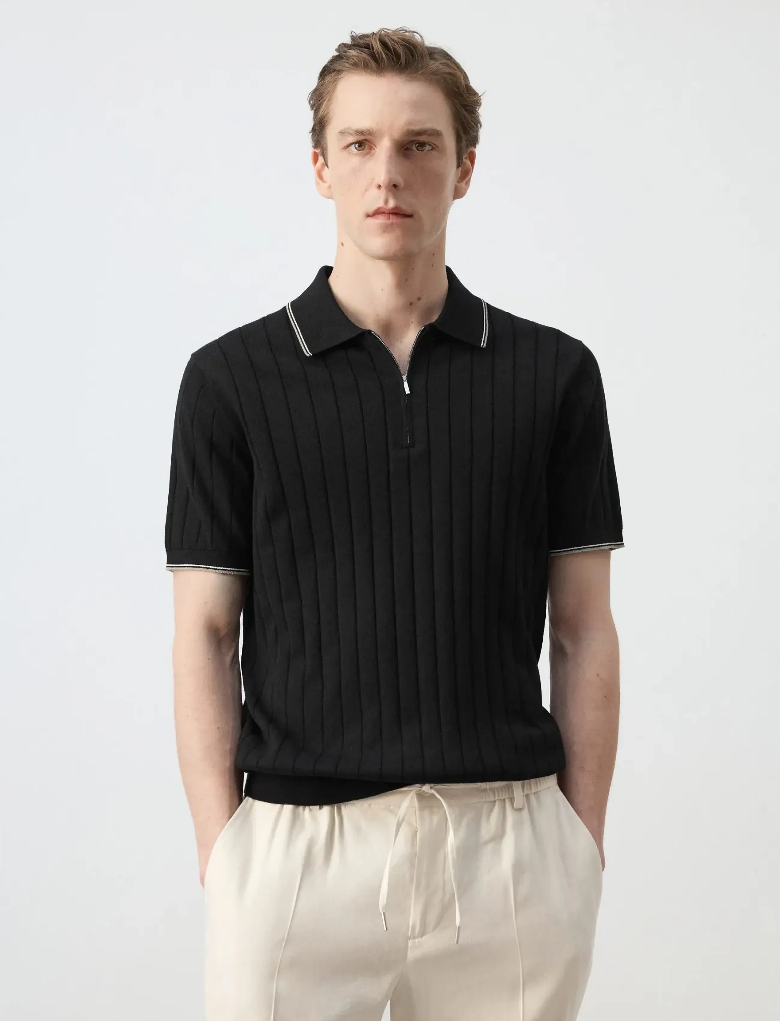 Mango Fine-knit polo shirt with zip - Mango - BLACK / black