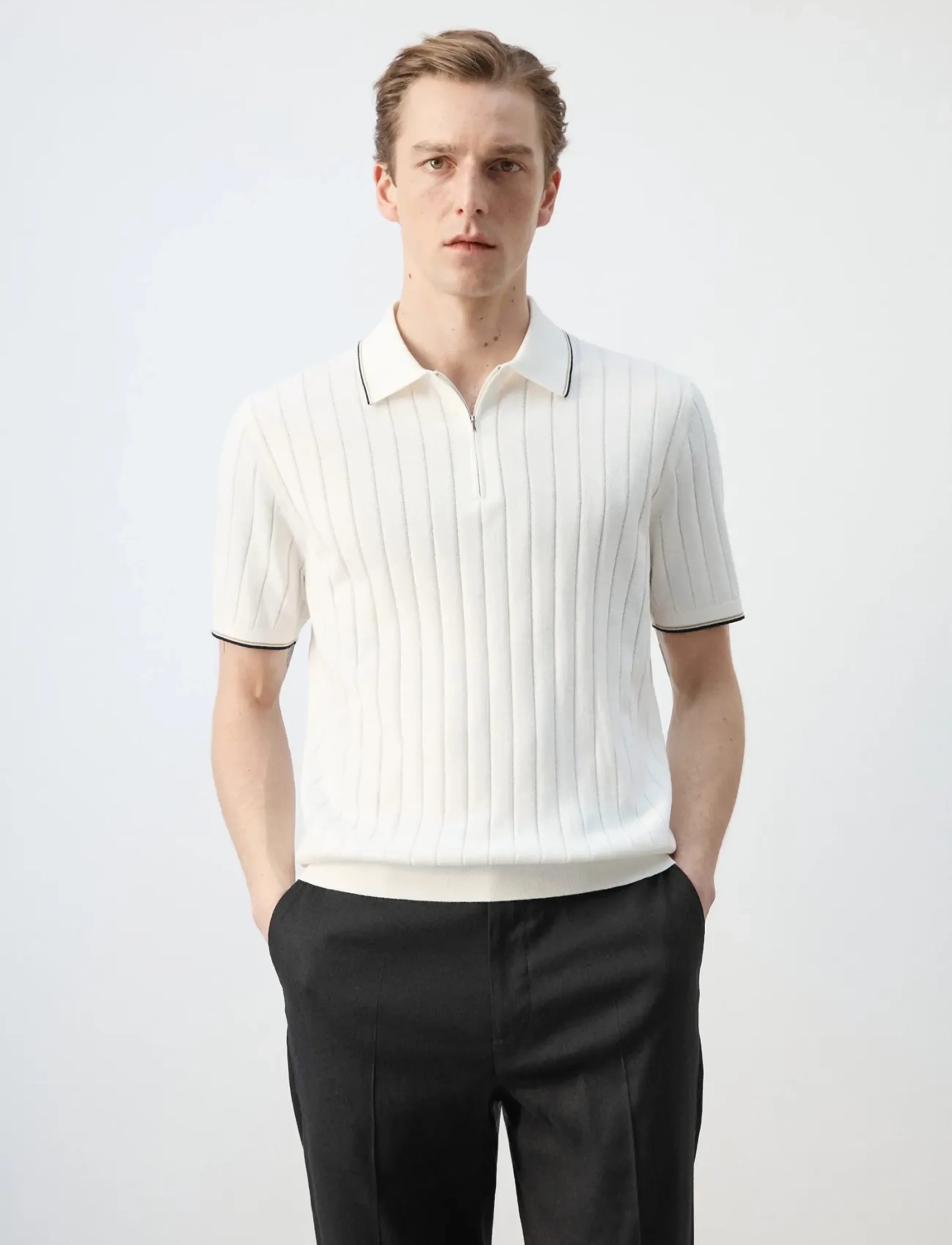 Mango Fine-knit polo shirt with zip - Mango - NATURAL WHITE / white