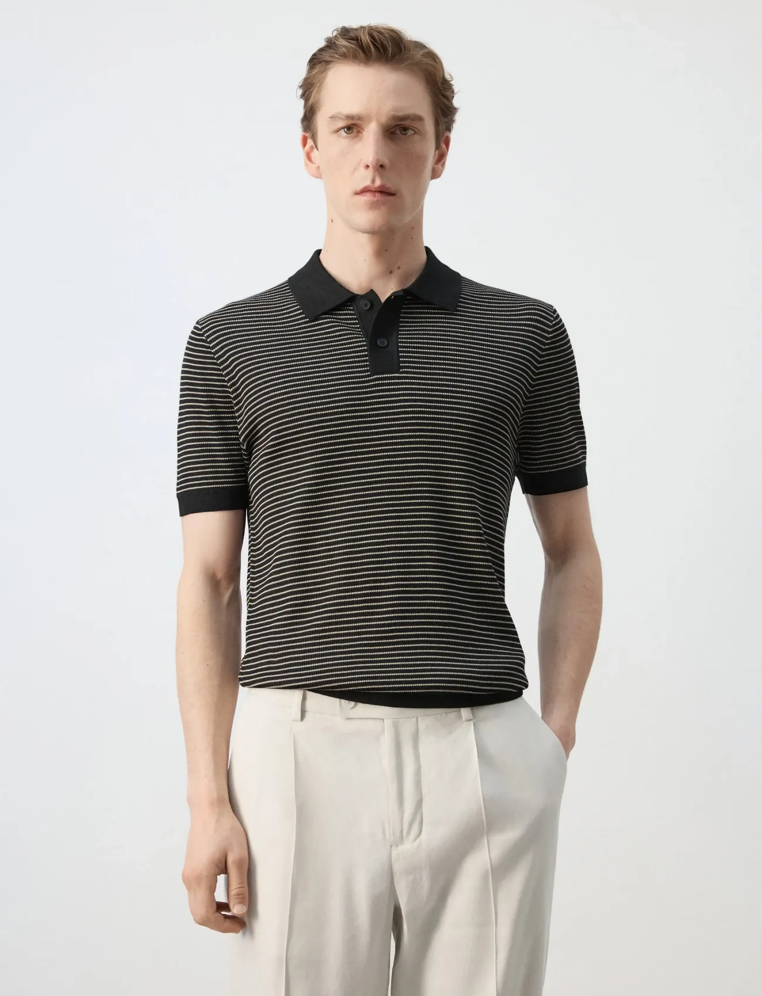 Mango Striped Knit Cotton Polo Shirt, Mænd, Stribet Strikket Poloshirt, Multi/mønstret, Str: L