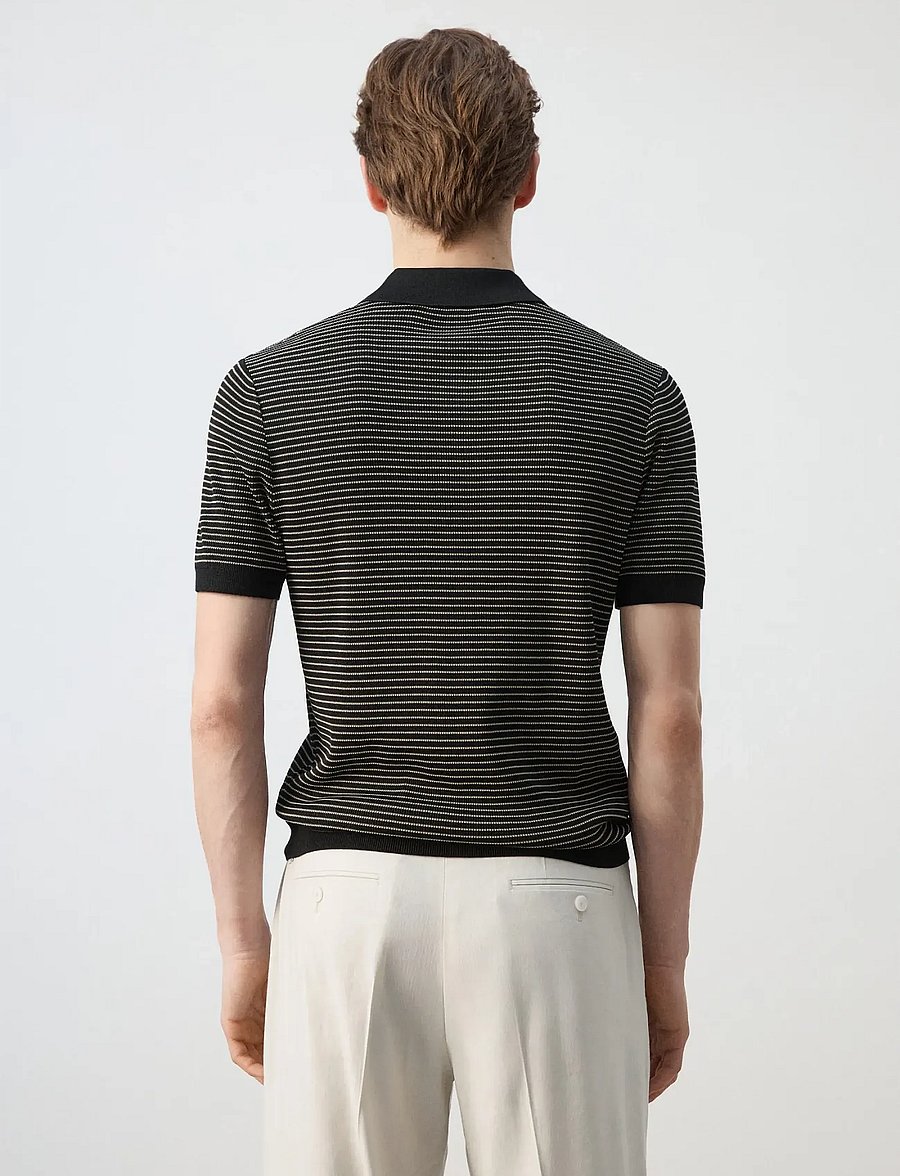 Mango - Striped knit cotton polo shirt - langärmlige strick-polohemden - black - 2