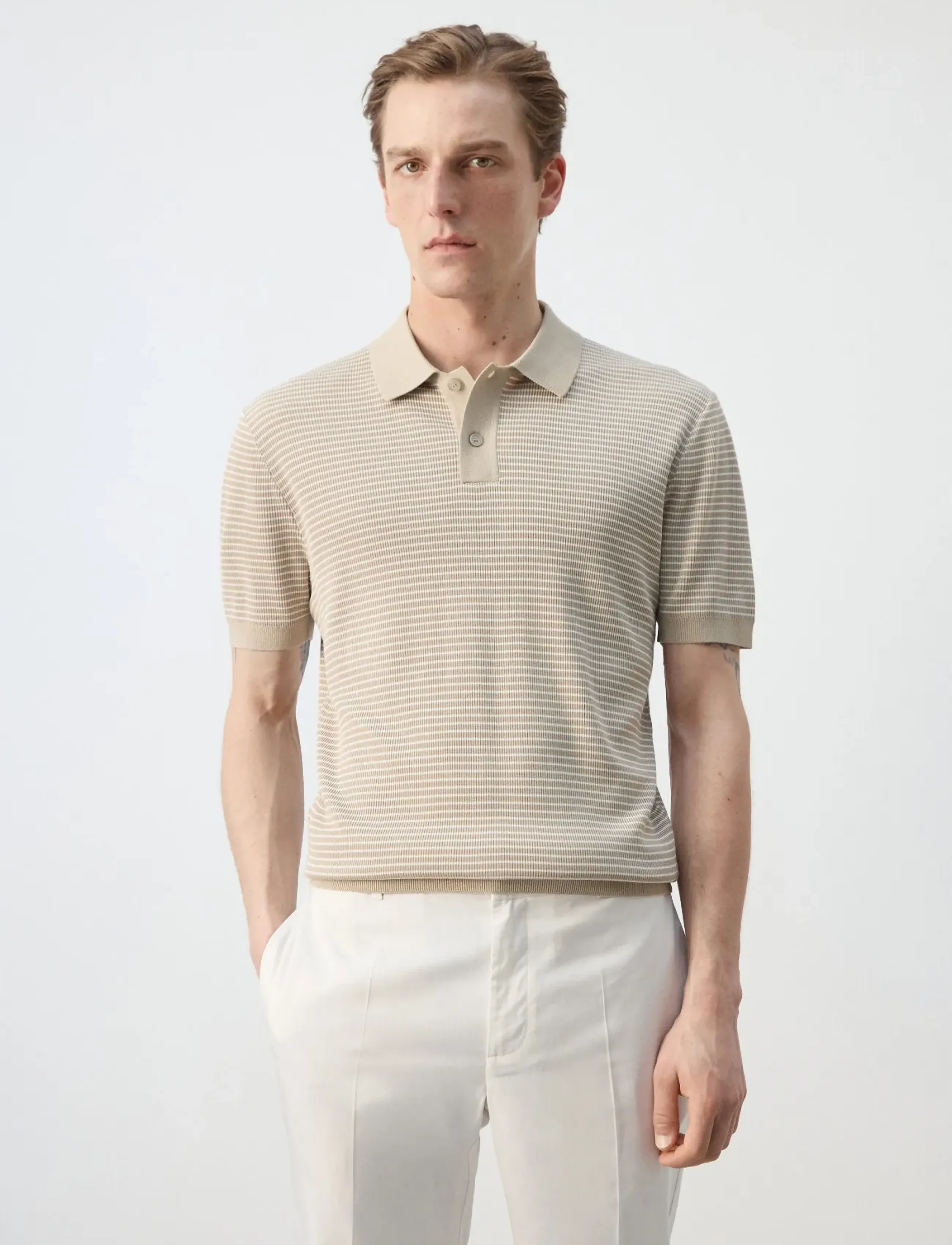 Mango Striped knit cotton polo shirt - Mango - LIGHT BEIGE / multi