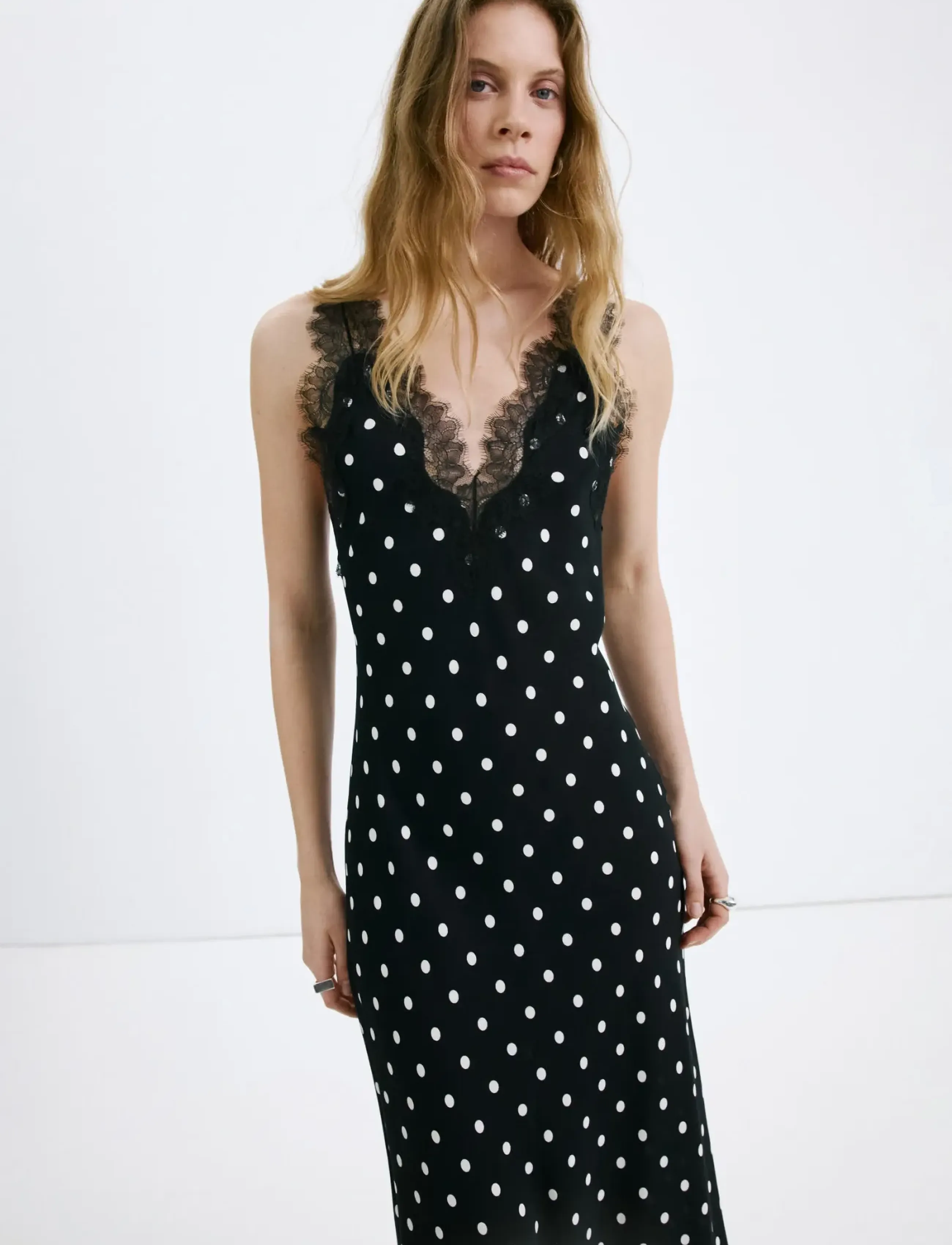 Mango Polka Dot Dress With Lace Detail, XL, Black, Kjoler > Underkjoler, Dame
