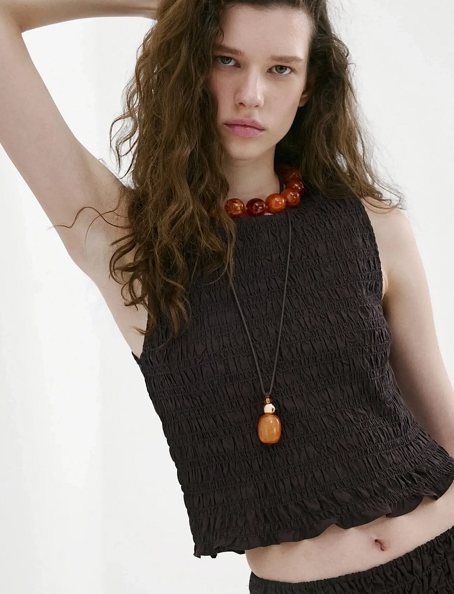 Mango - Honeycomb Lyocell Top - crop tops - dark brown - 0