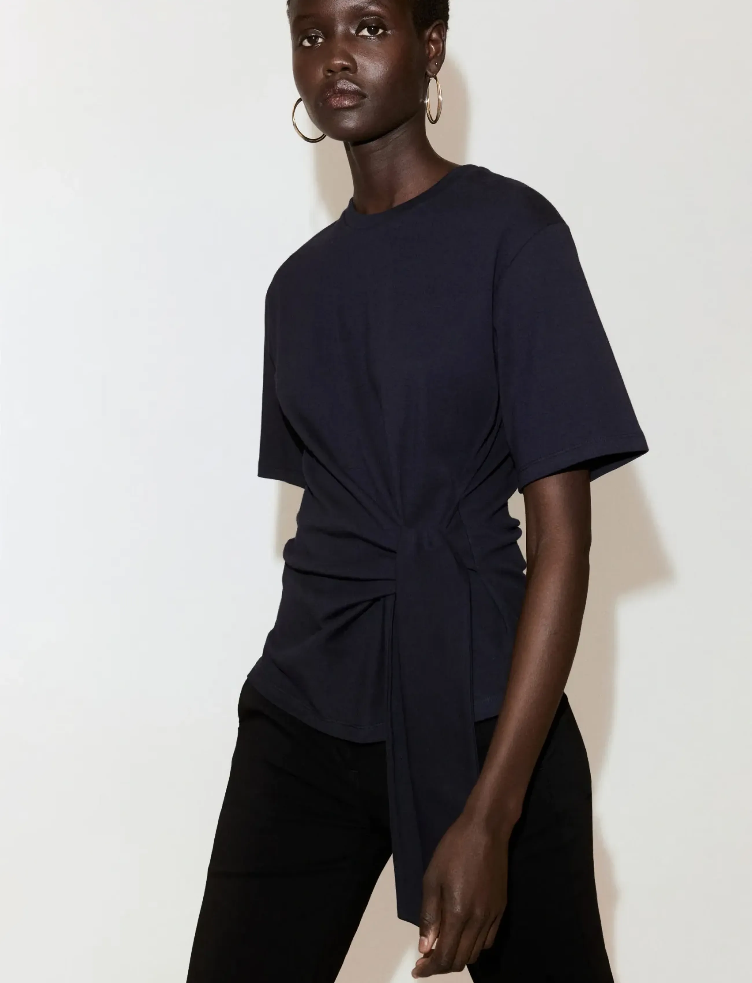 Mango Cotton T-Shirt With Side Bow, XS, Navy, T-Shirts & Toppe > Kortærmede, Dame