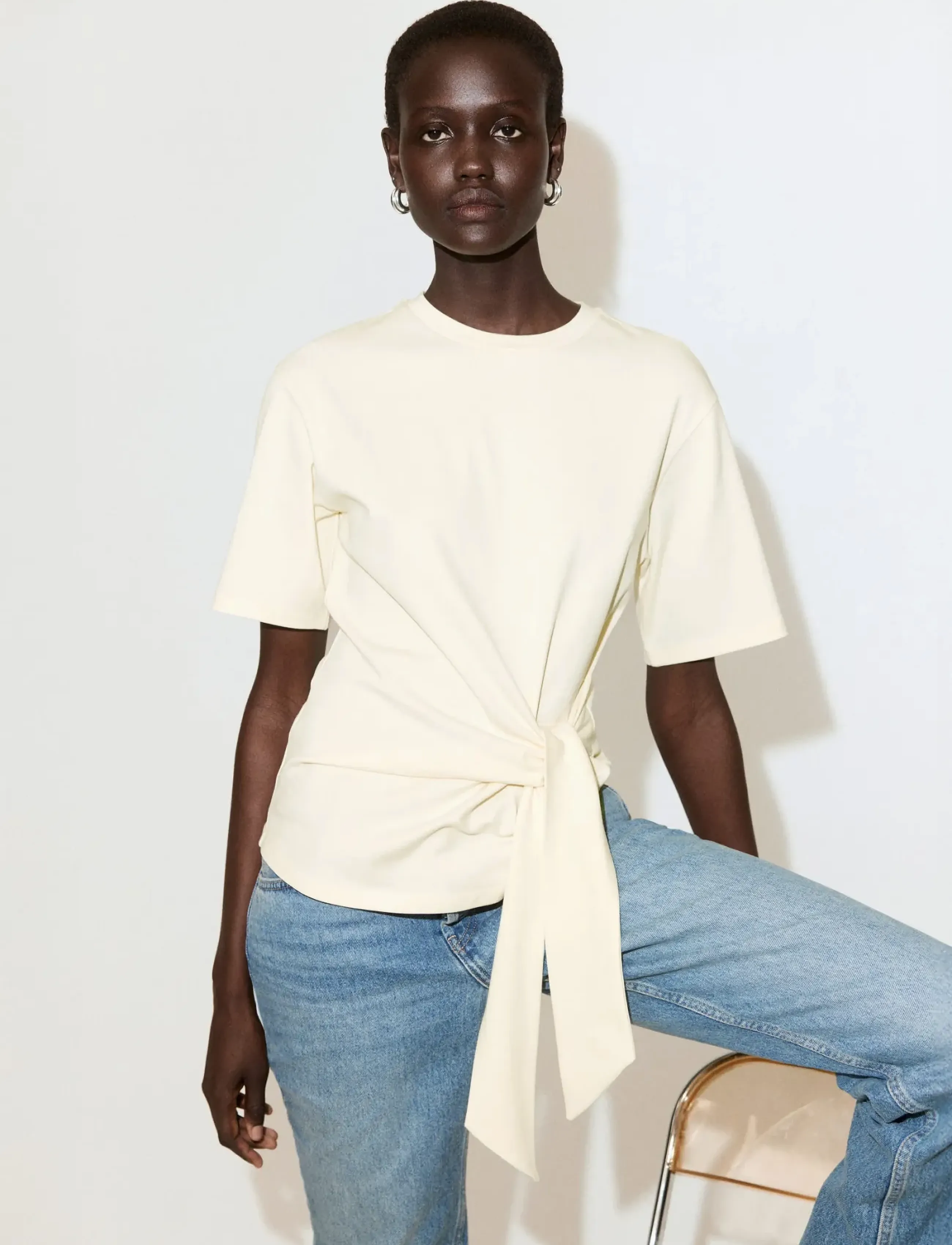 Mango Cotton T-Shirt With Side Bow, XS, T-shirts & Oberteile, Gelb - Short-sleeved, Frauen