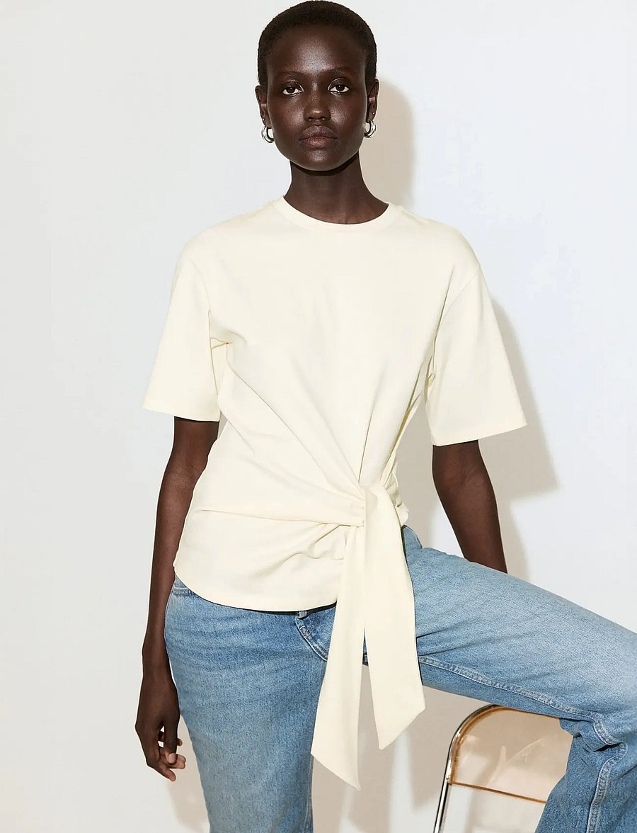 Mango - Cotton T-shirt with side bow - t-shirts - yellow - 0