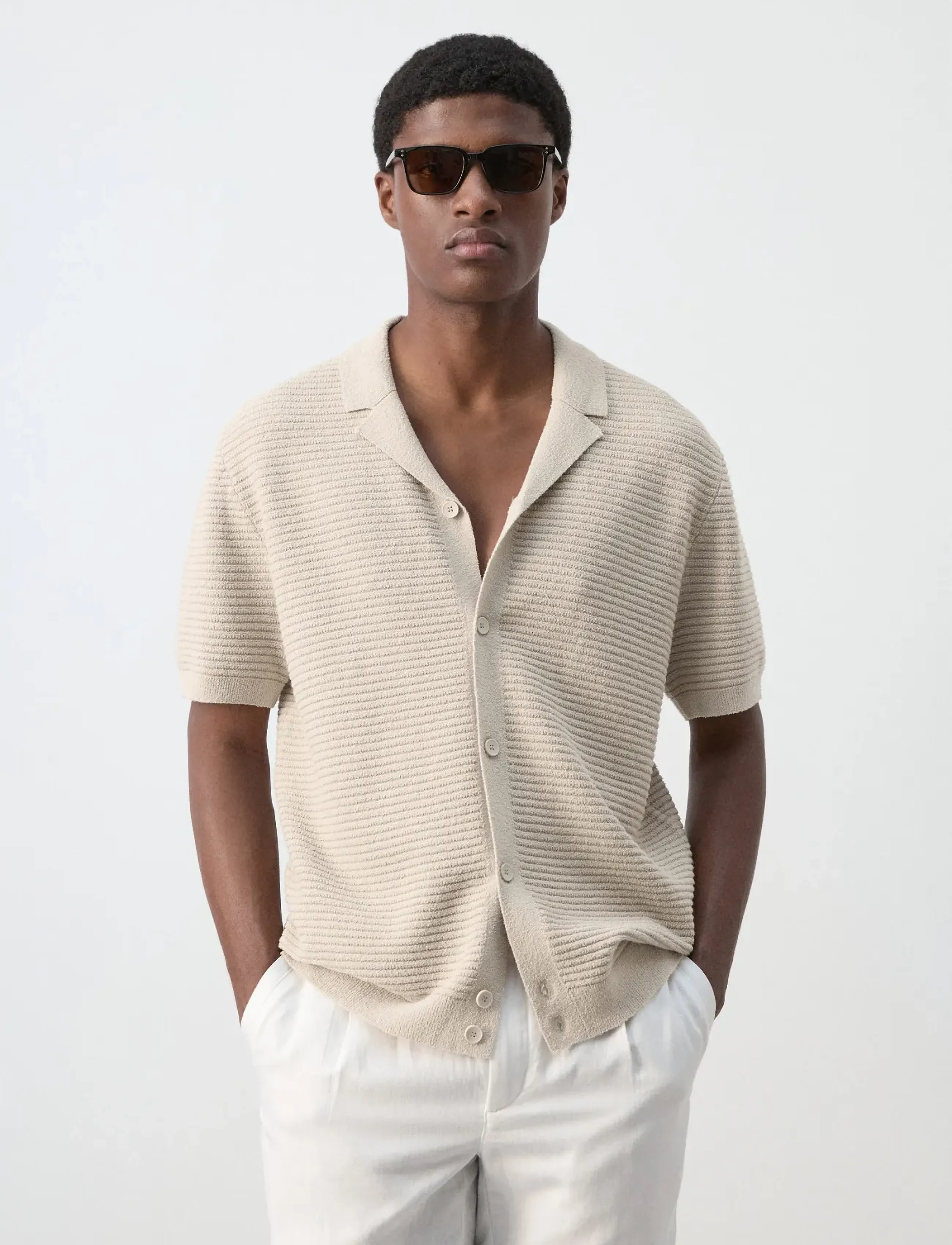 Mango Bowling Collar Knitted Shirt, Mænd, Bowling Krave Strikket Skjorte, Beige, Str: M