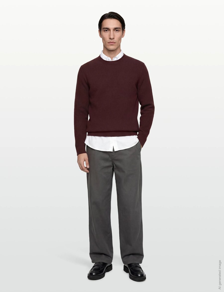 Mango - Fine rib-knit cotton sweater - rund hals - dark red - 0