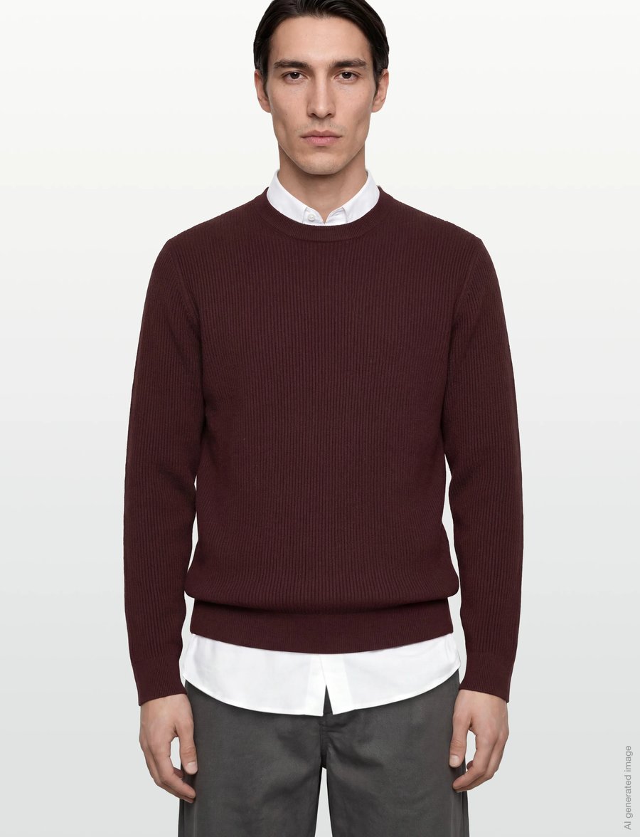 Mango - Fine rib-knit cotton sweater - rund hals - dark red - 3