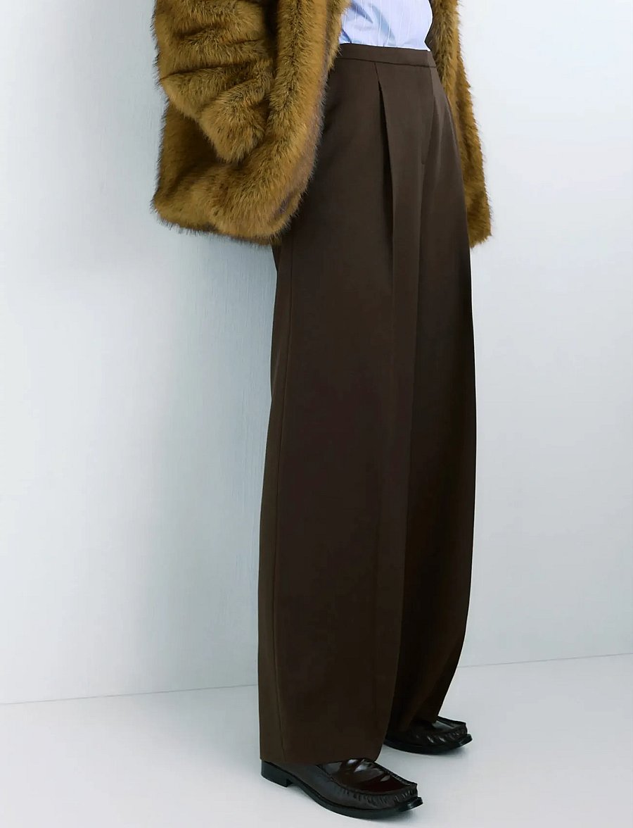 Mango - Wide leg mid-rise pleated trousers - bukser med brede ben - dark brown - 0