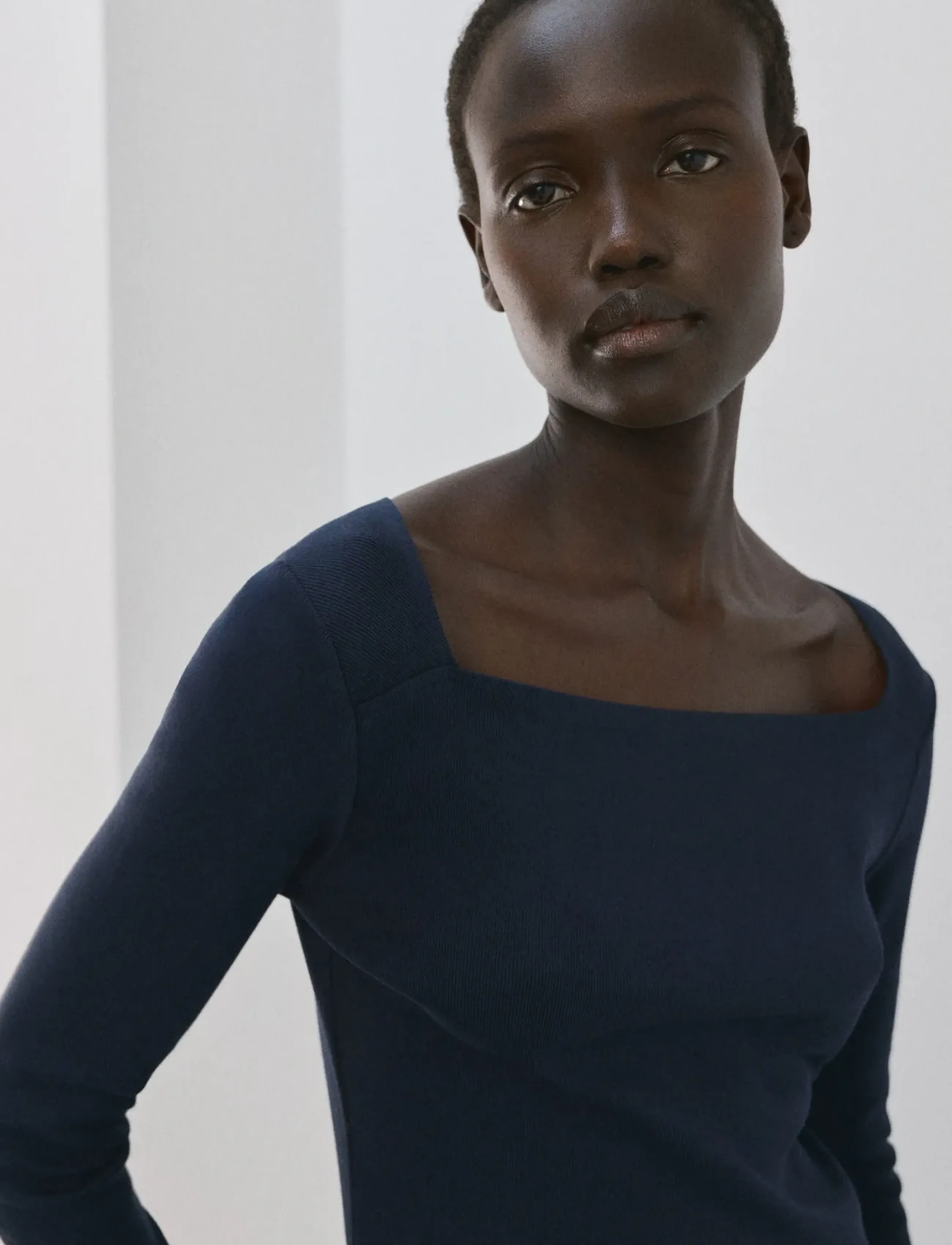Mango Cotton Boat Neck T-Shirt, M, Navy, T-Shirts & Toppe > Langærmede, Dame