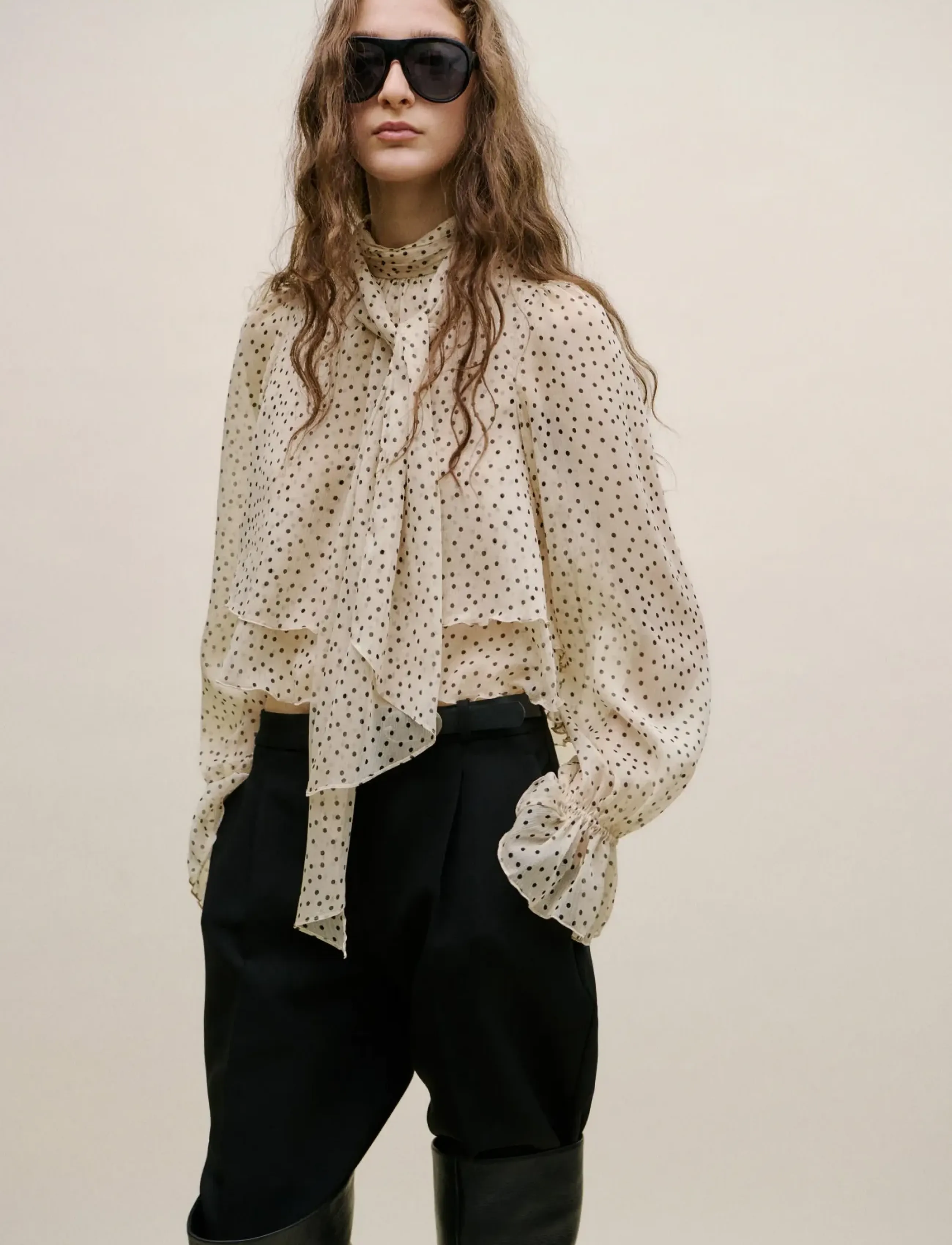 Mango Bow Polka-Dot Blouse, L, Blouses, Beige - Long-sleeved, Frauen