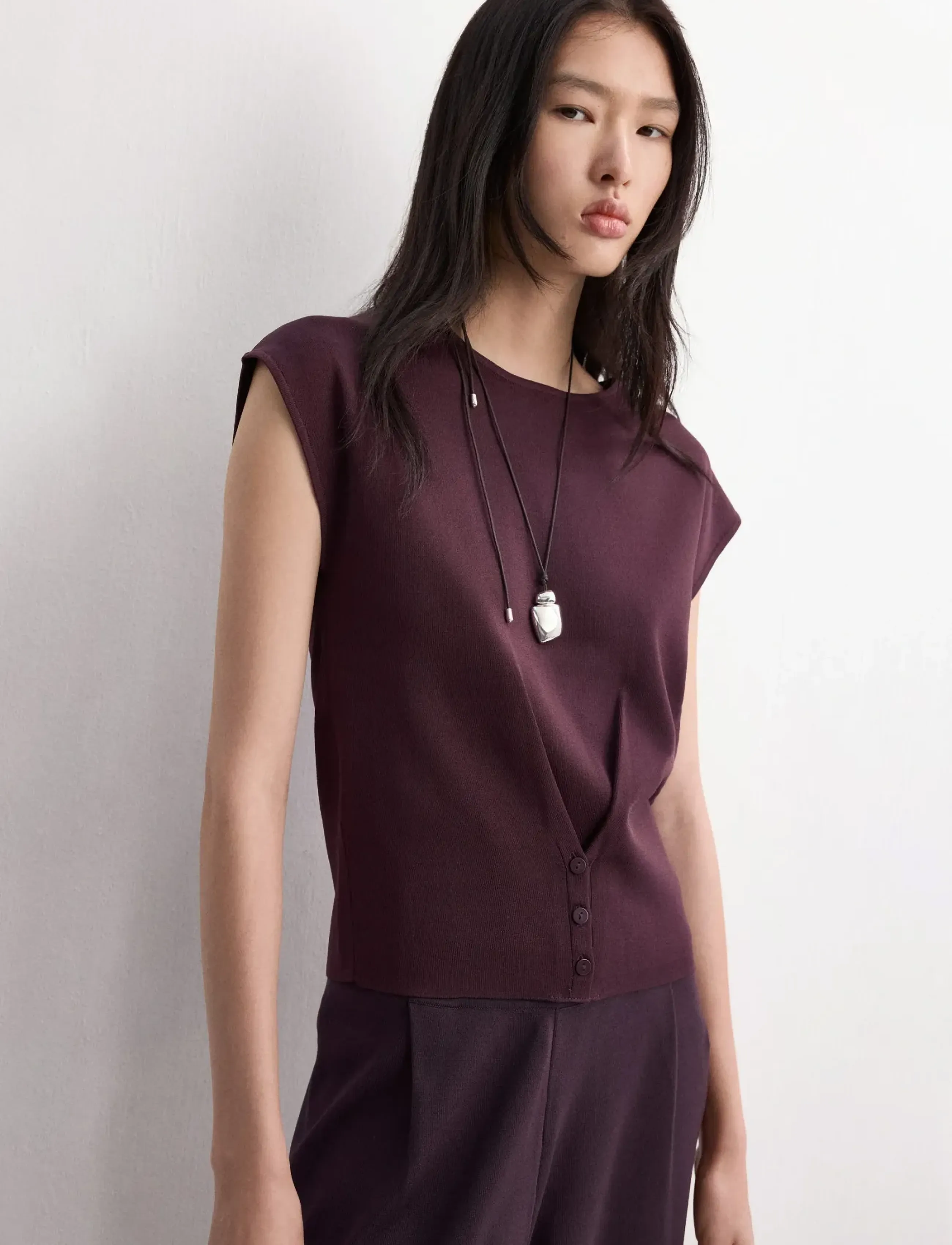 Mango Buttoned Knit Top, Kvinder, Strikket Top Med Knapper, Bordeaux, Str: XL