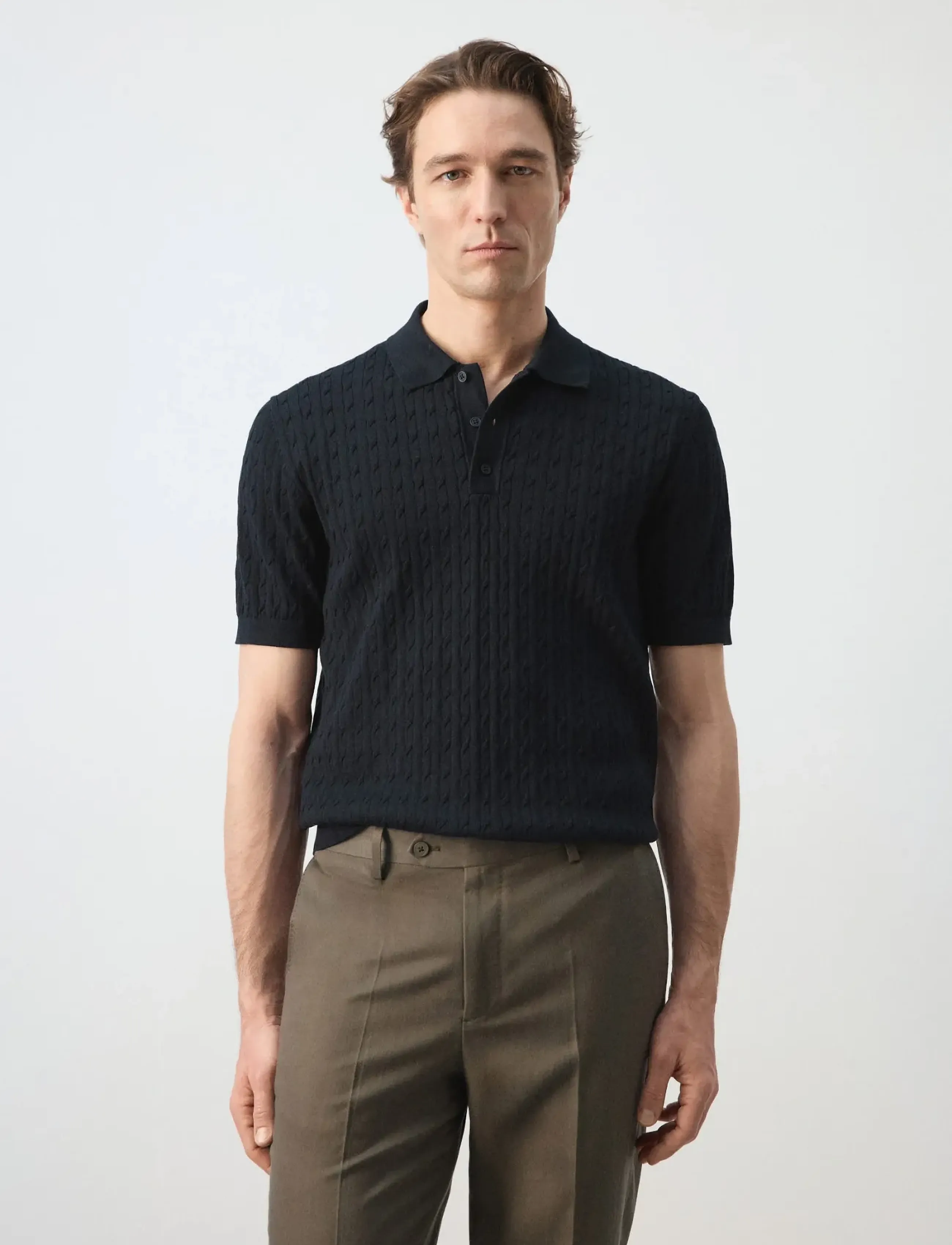 Mango 100% cotton braided knitted polo shirt - Strik - DARK BLUE / navy