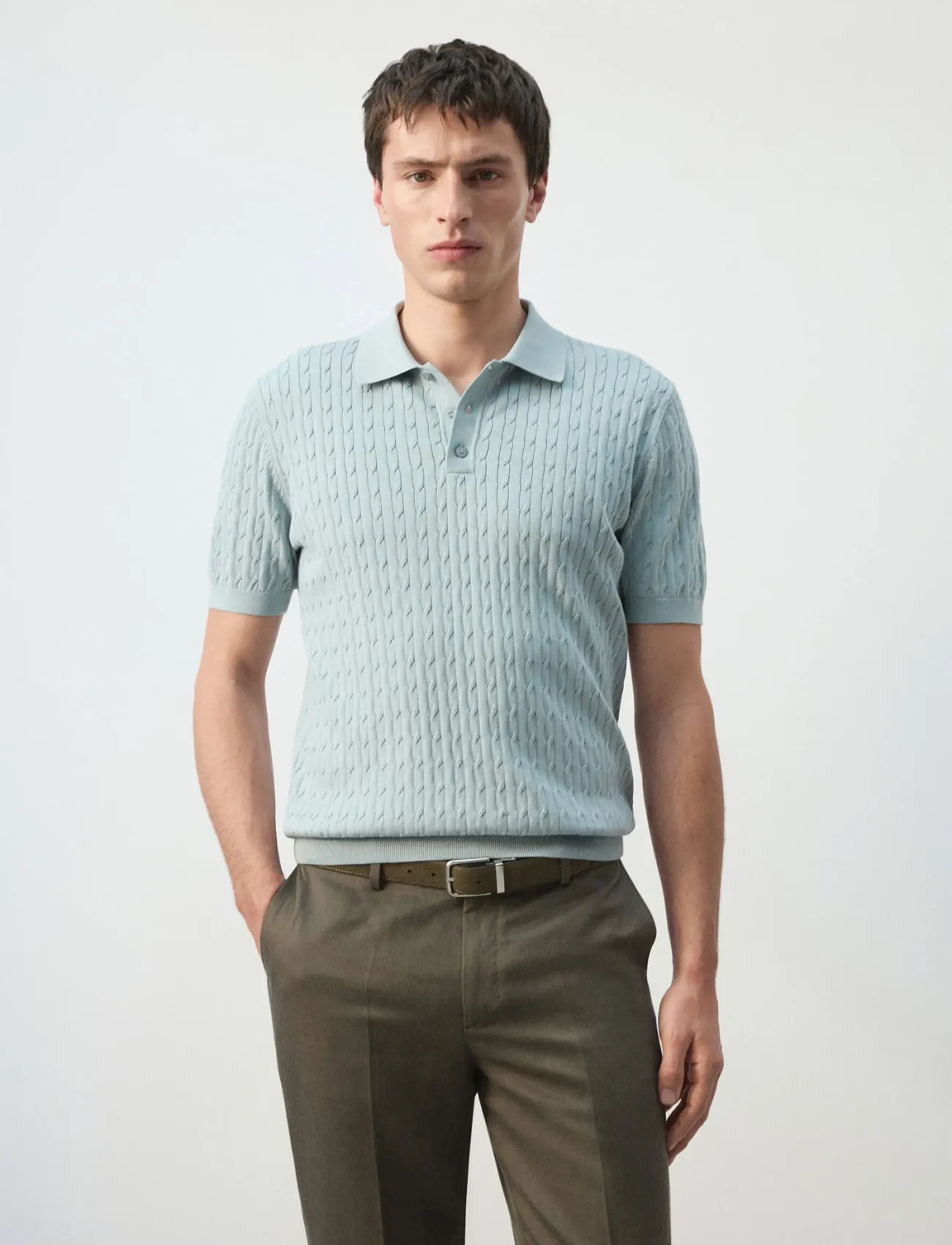 Mango - 100% cotton braided knitted polo shirt - men - turquoise - aqua - 0