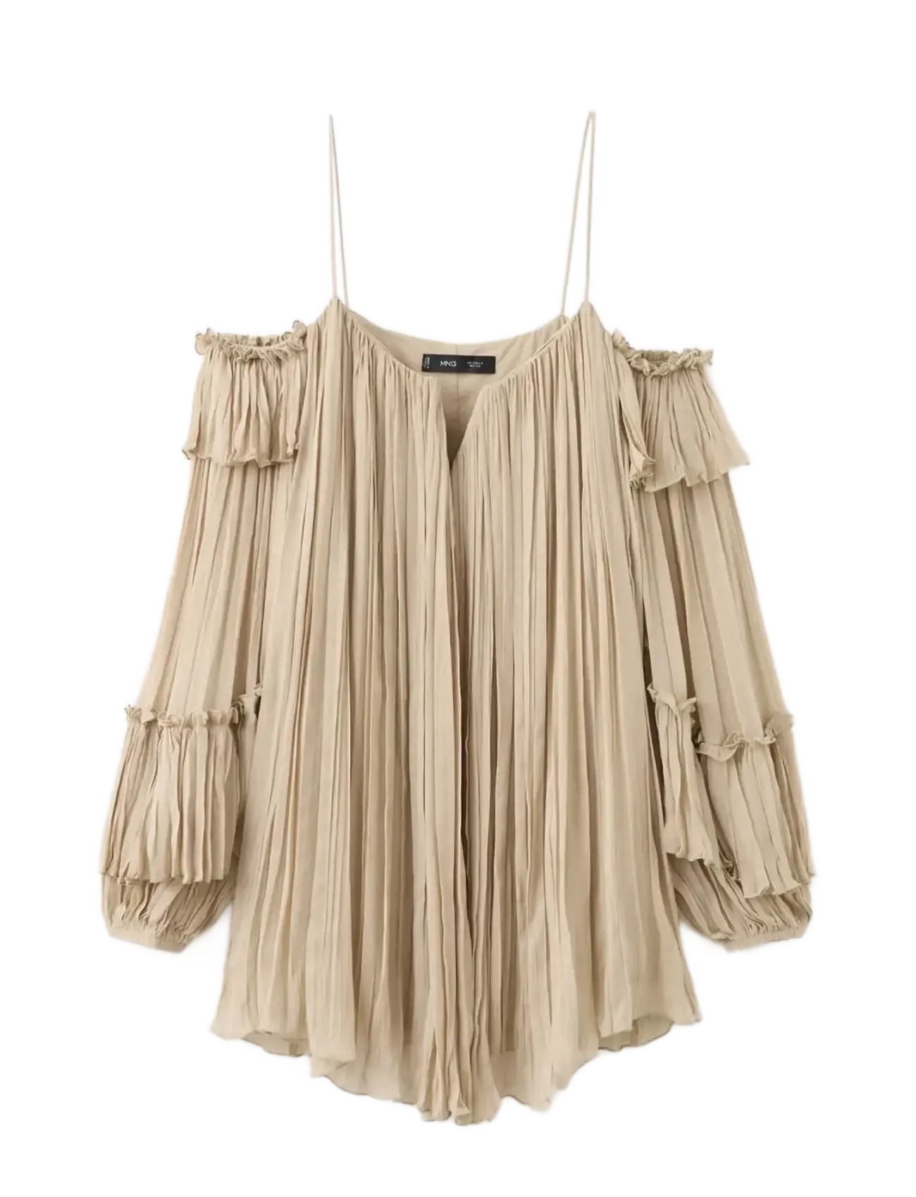 Mango Pleated short dress with bateau neckline - Festkläder - LIGHT BEIGE / beige